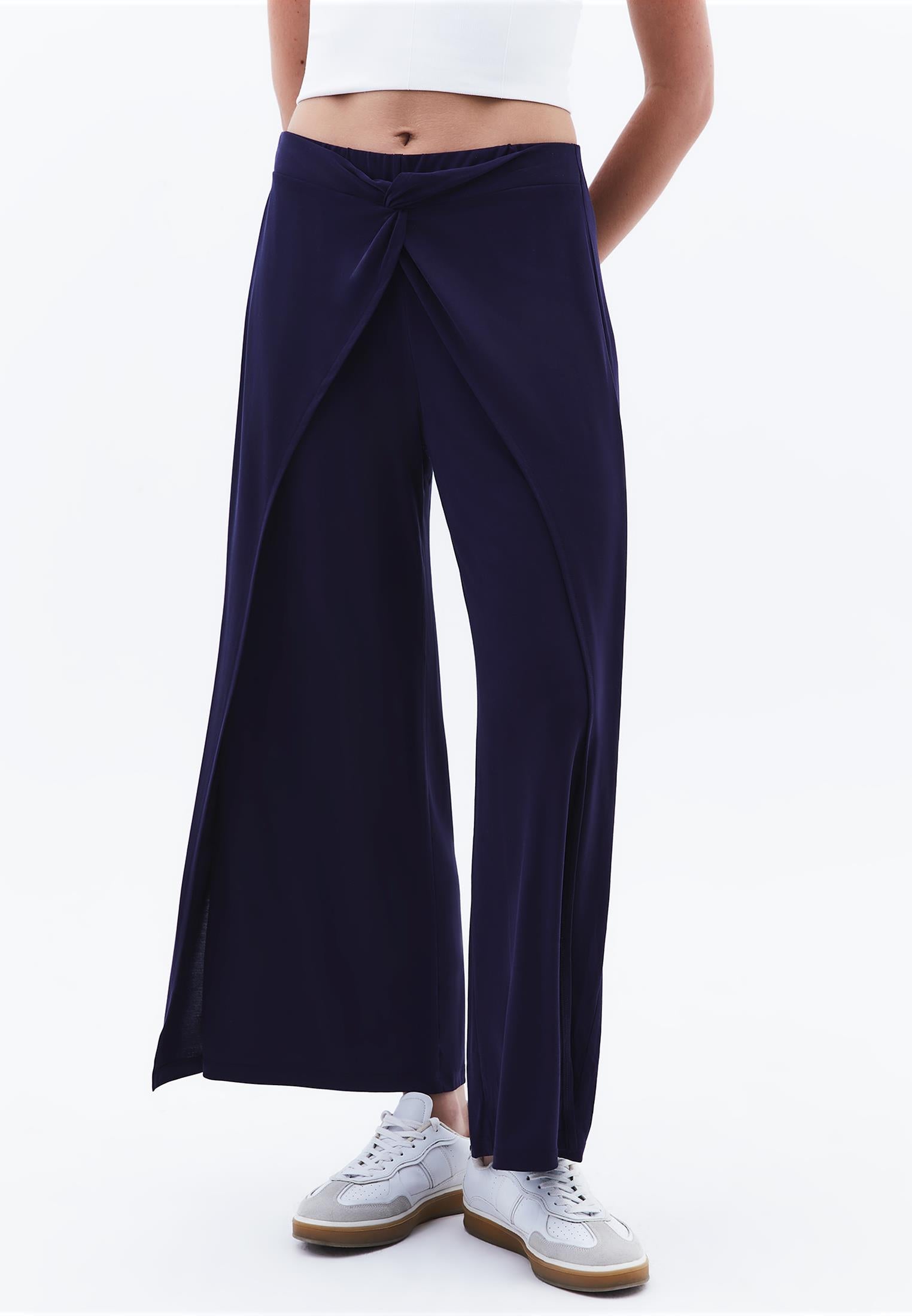 Wide Leg Regular Waist Trousers - EVENING BLUE