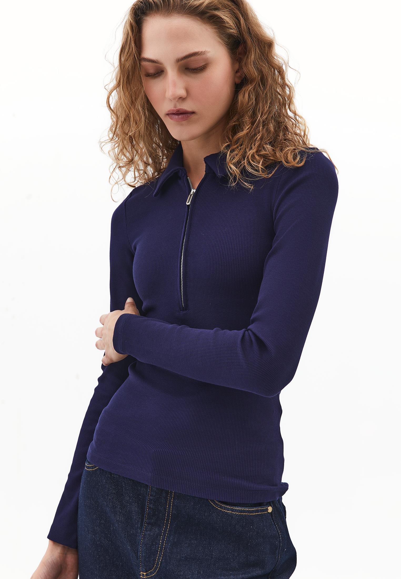 Polo Collar Long Sleeve T-Shirt With Zipper Detail - EVENING BLUE