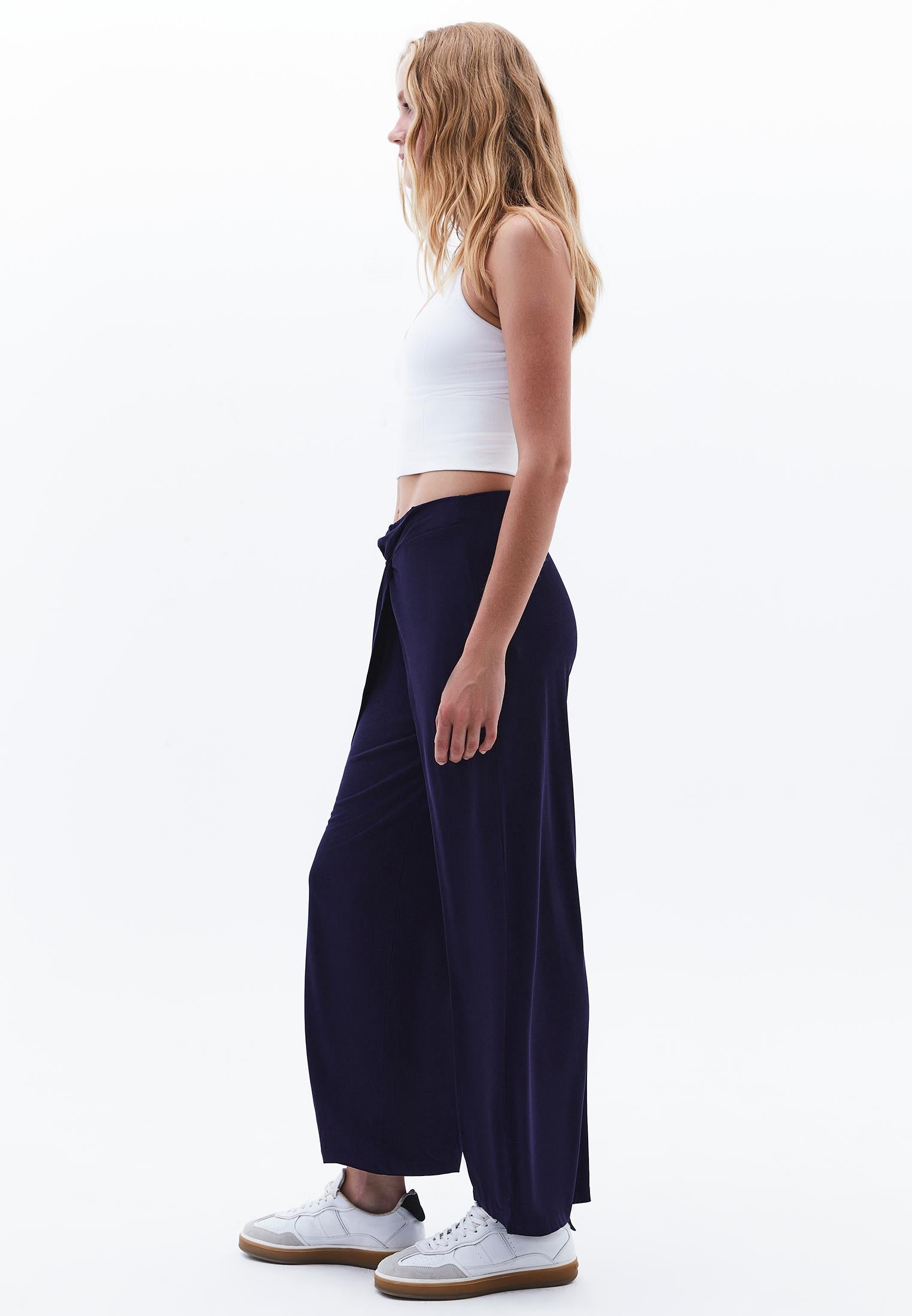 Wide Leg Regular Waist Trousers - EVENING BLUE