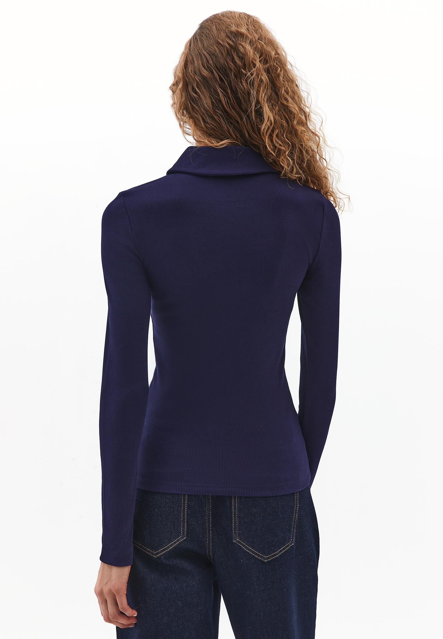 Polo Collar Long Sleeve T-Shirt With Zipper Detail - EVENING BLUE