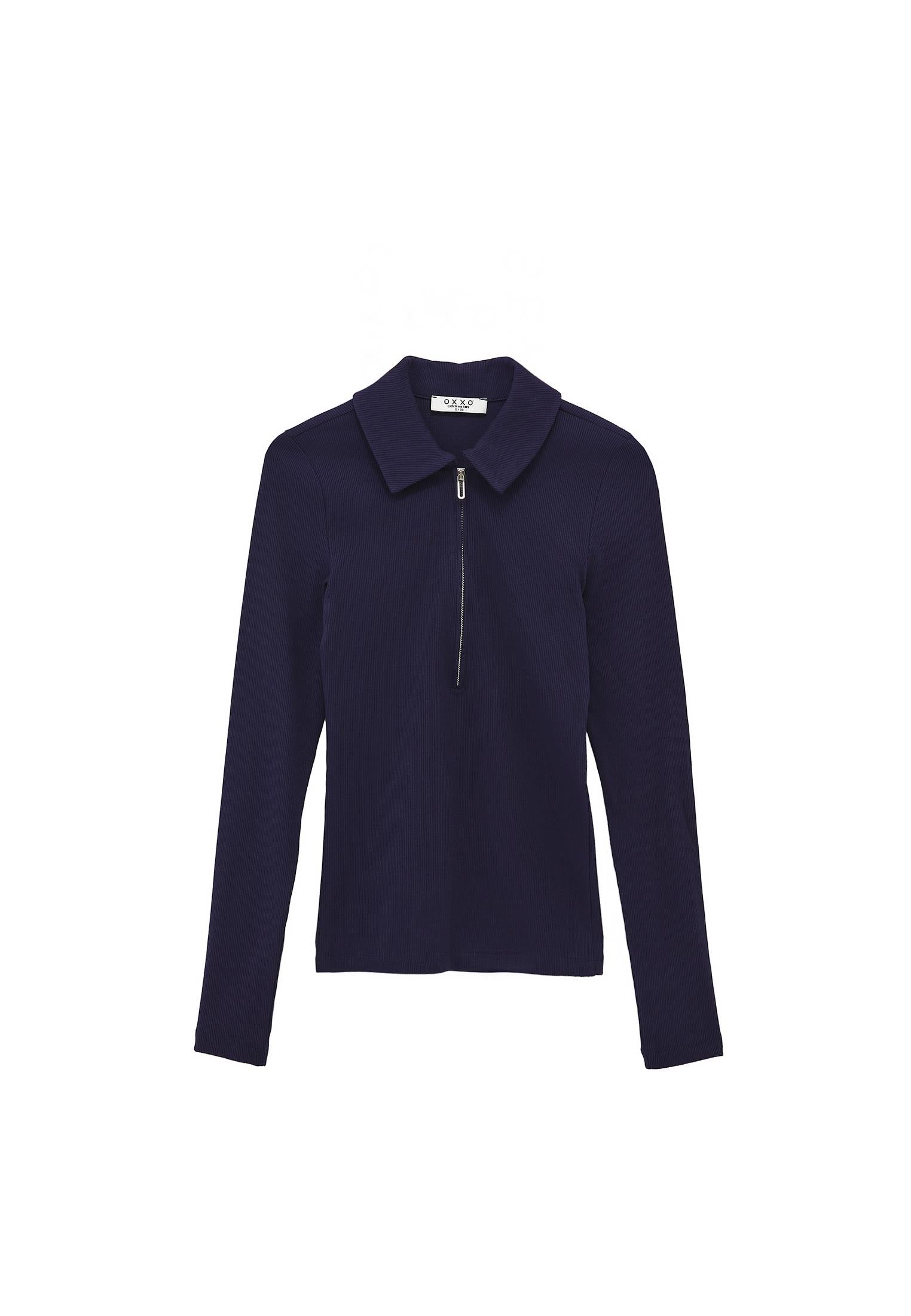 Polo Collar Long Sleeve T-Shirt With Zipper Detail - EVENING BLUE