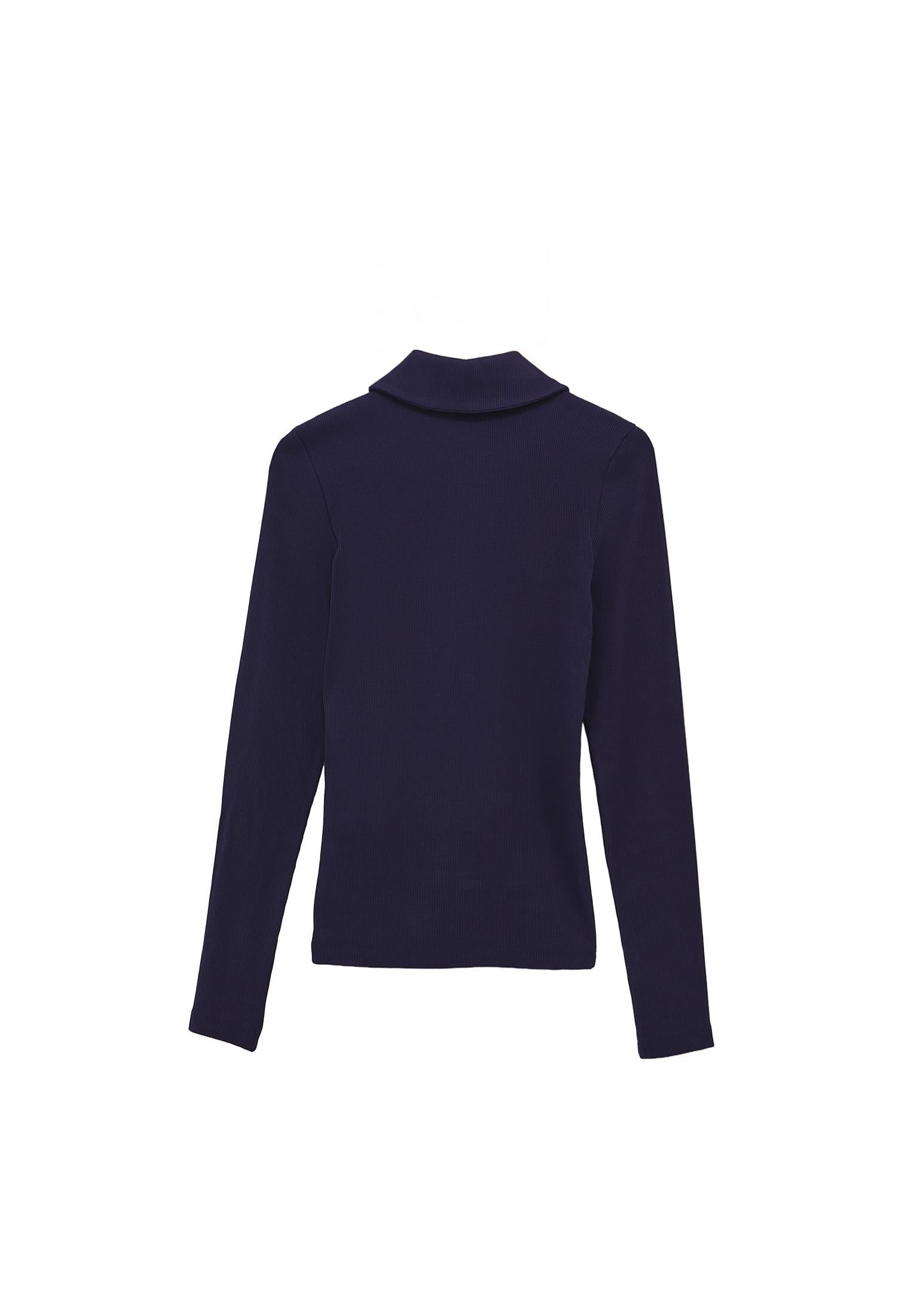 Polo Collar Long Sleeve T-Shirt With Zipper Detail - EVENING BLUE