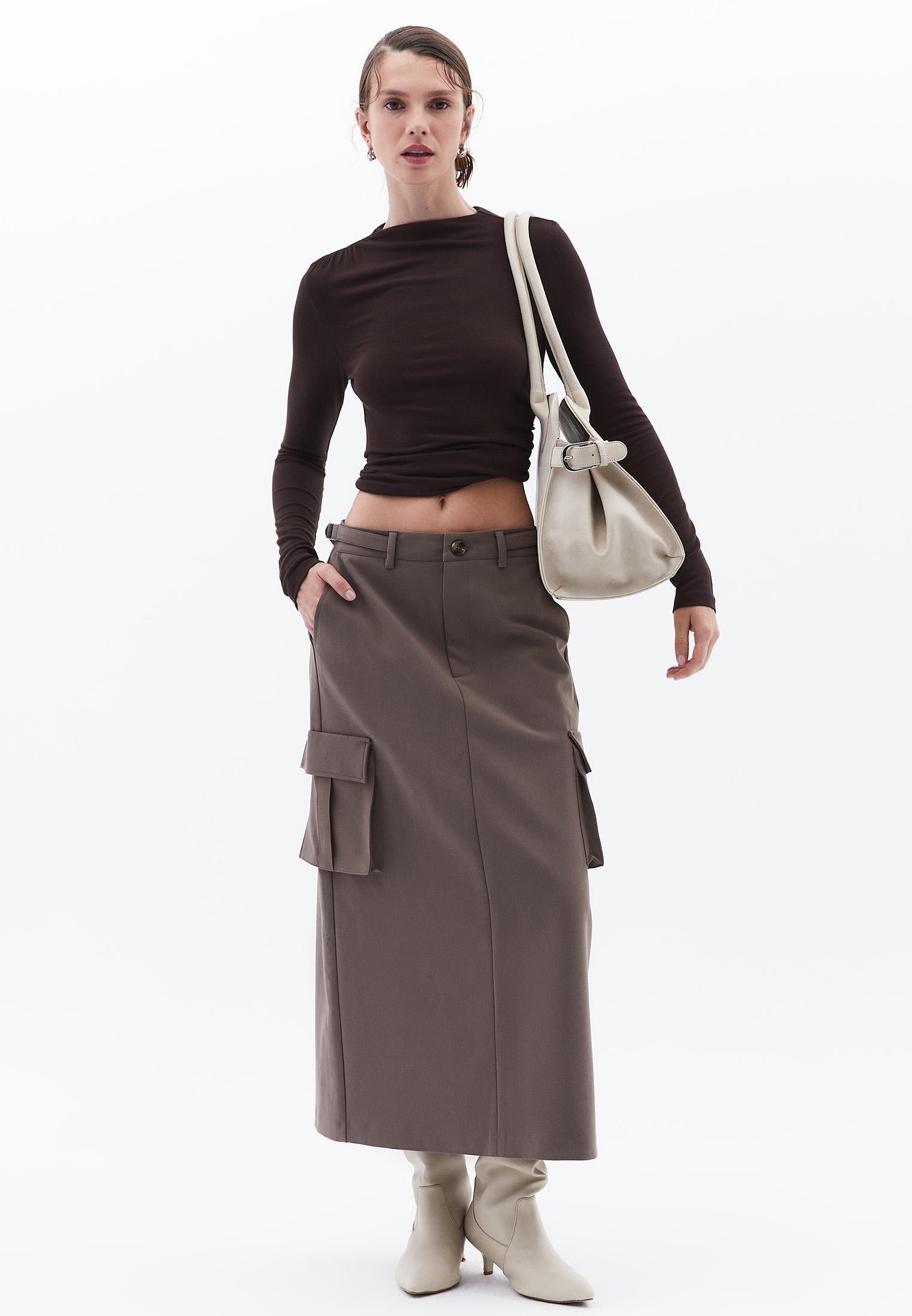 Long Slim High Waist Skirt With Pocket Details - FALCON