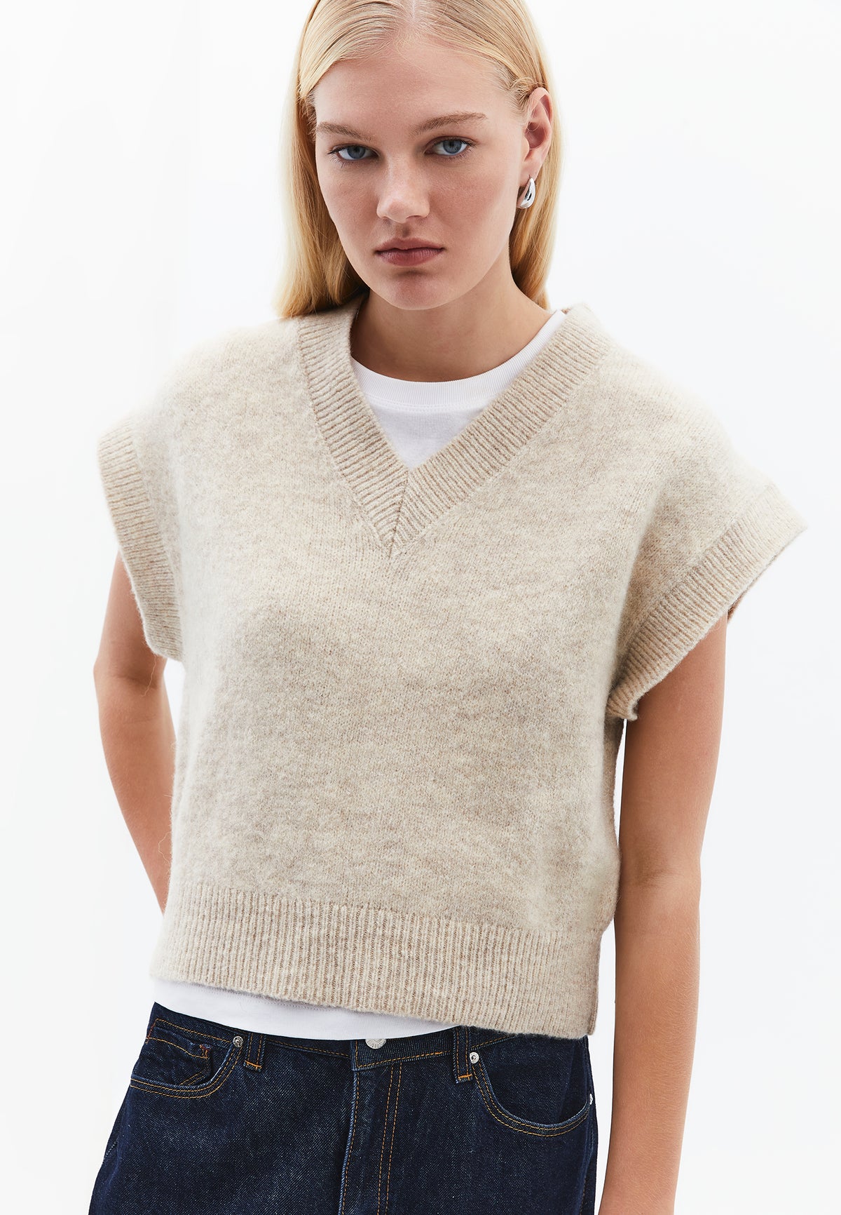 V Neck Sleeveless Knit Vest - FEATHER GRAY MELANGE