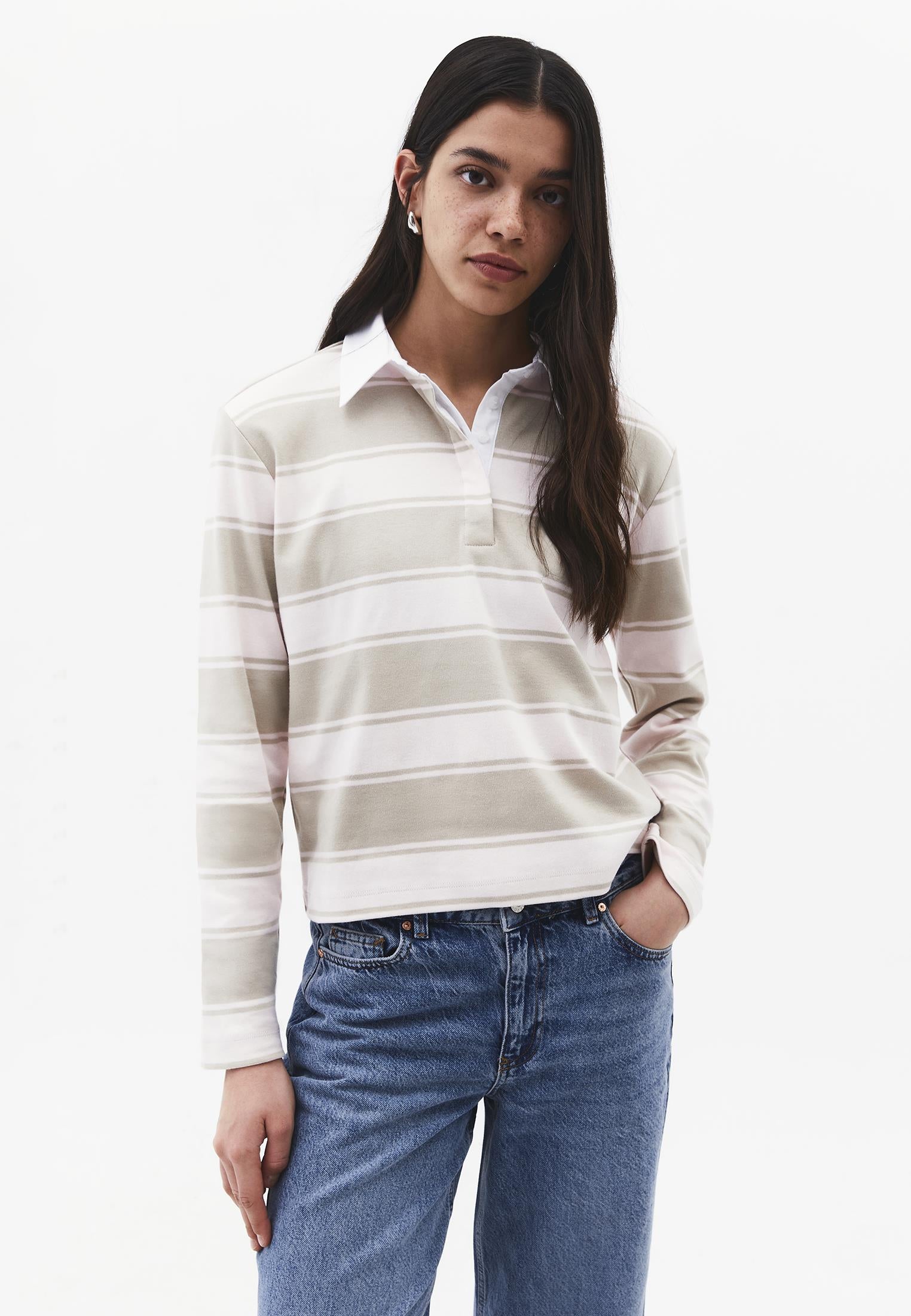 Polo Collar Long Sleeve Buttoned T-Shirt - FEATHER GRAY STRIPED