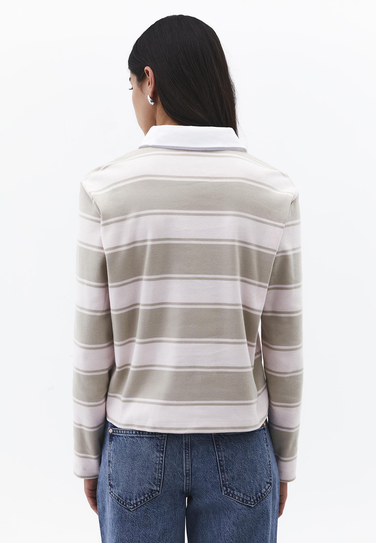 Polo Collar Long Sleeve Buttoned T-Shirt - FEATHER GRAY STRIPED