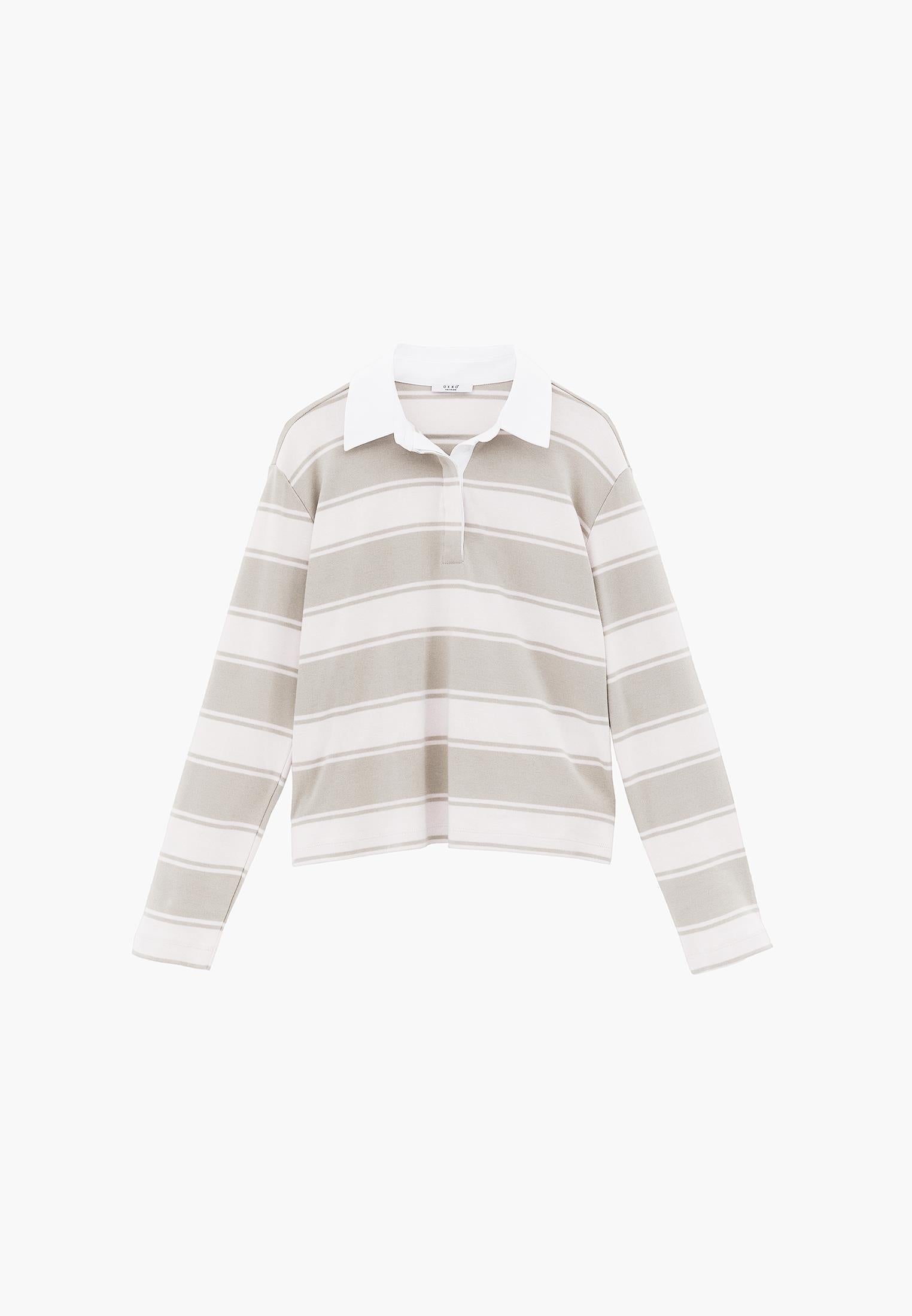 Polo Collar Long Sleeve Buttoned T-Shirt - FEATHER GRAY STRIPED
