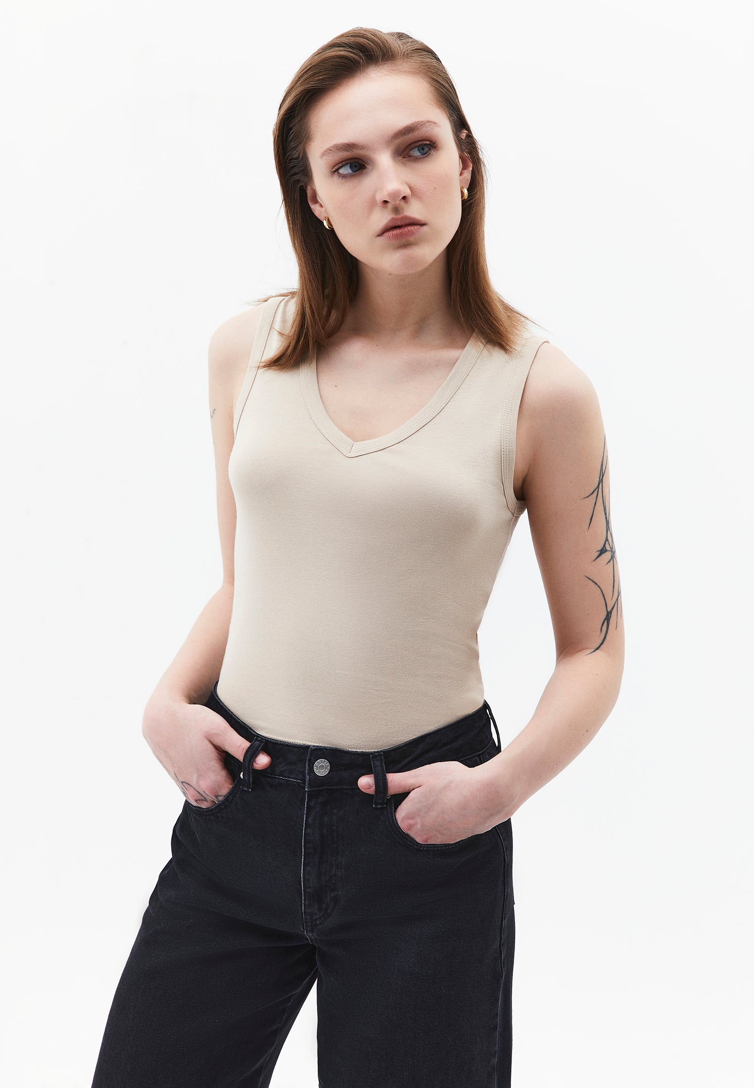 V Neck Bodycon Rib Tank Top - FEATHER GRAY