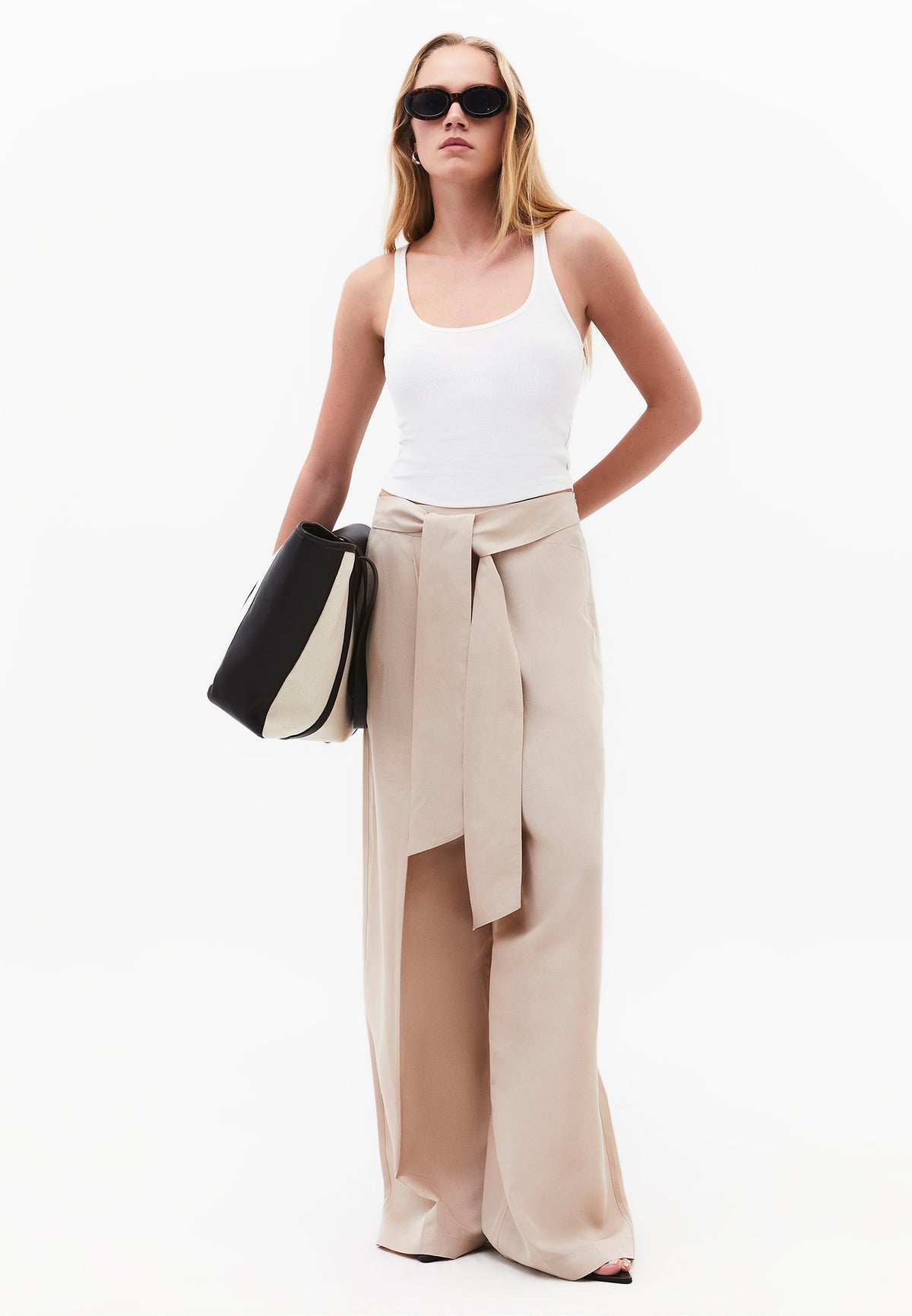 Belted High Waist Wide Leg Pants - FEATHER GRAY