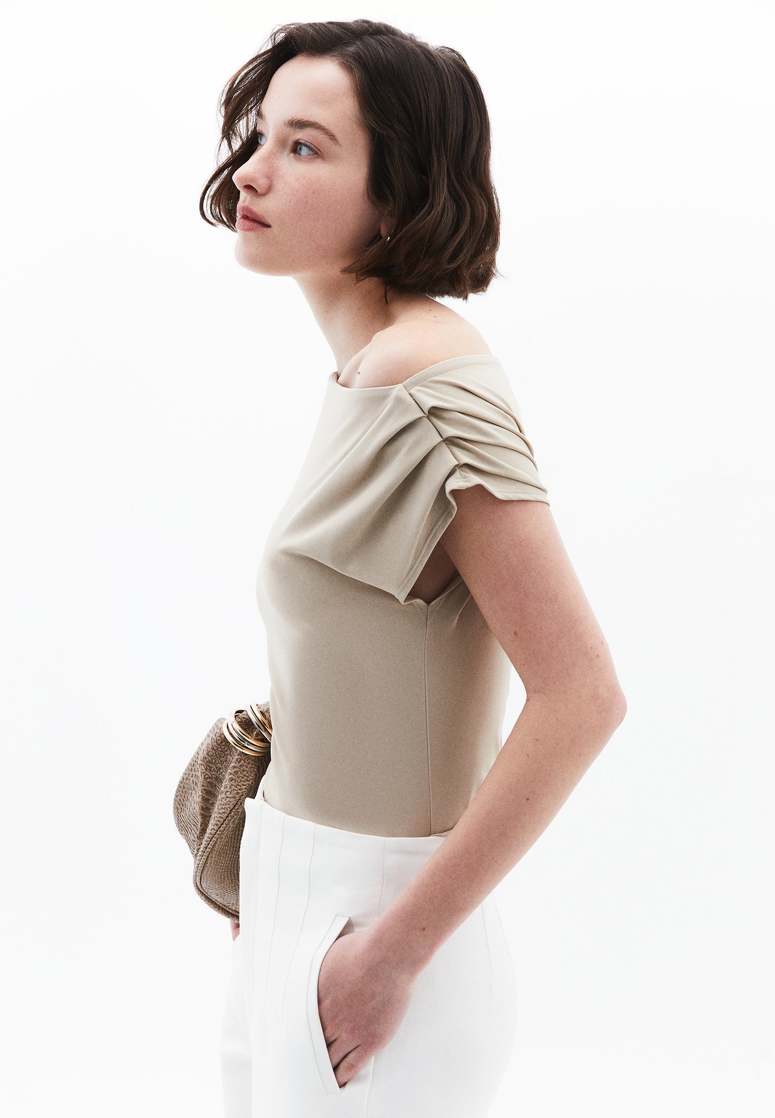 Boat Neck Short Sleeve Blouse - FEATHER GRAY