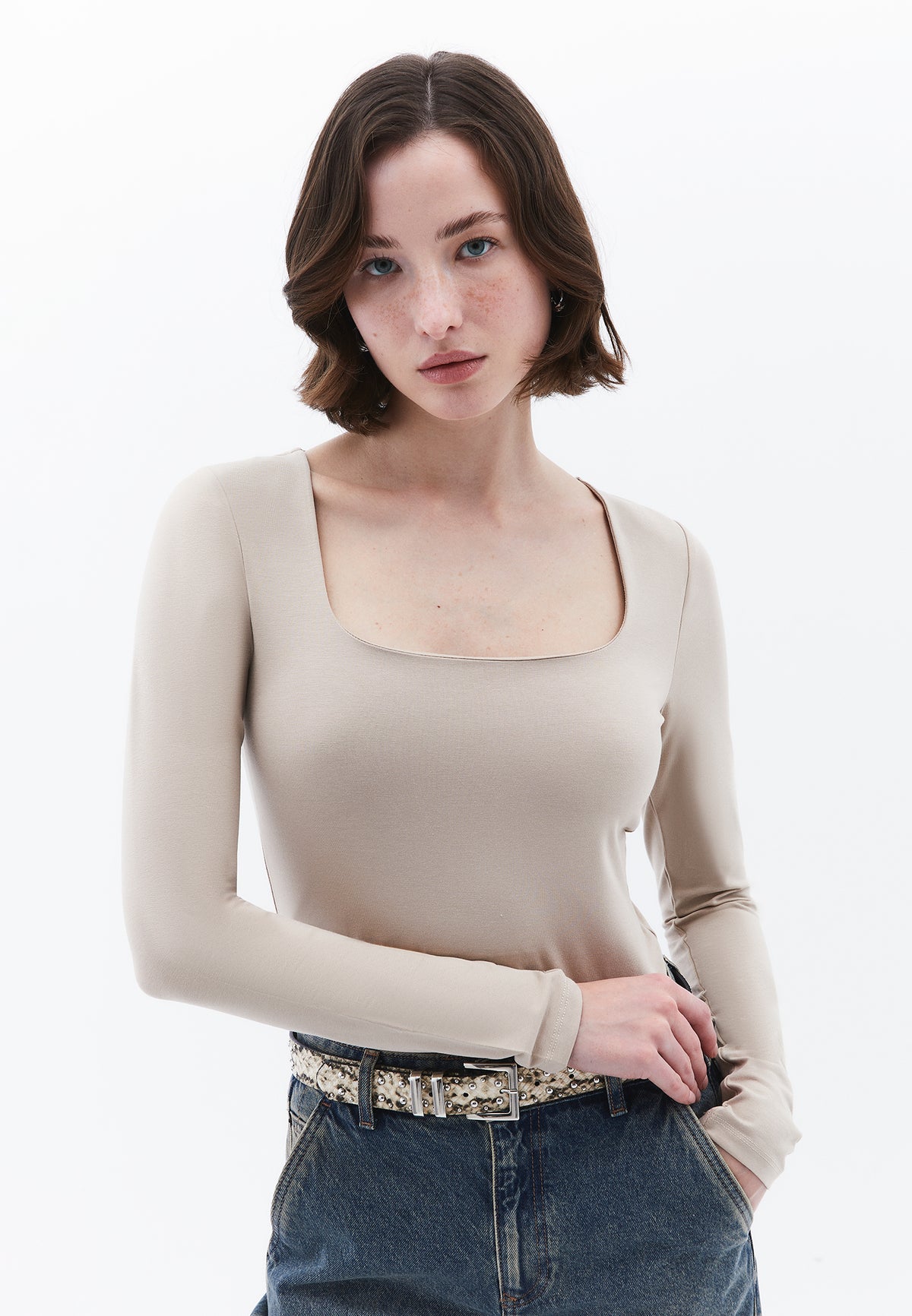 Square Neck Long Sleeve T-Shirt - FEATHER GRAY