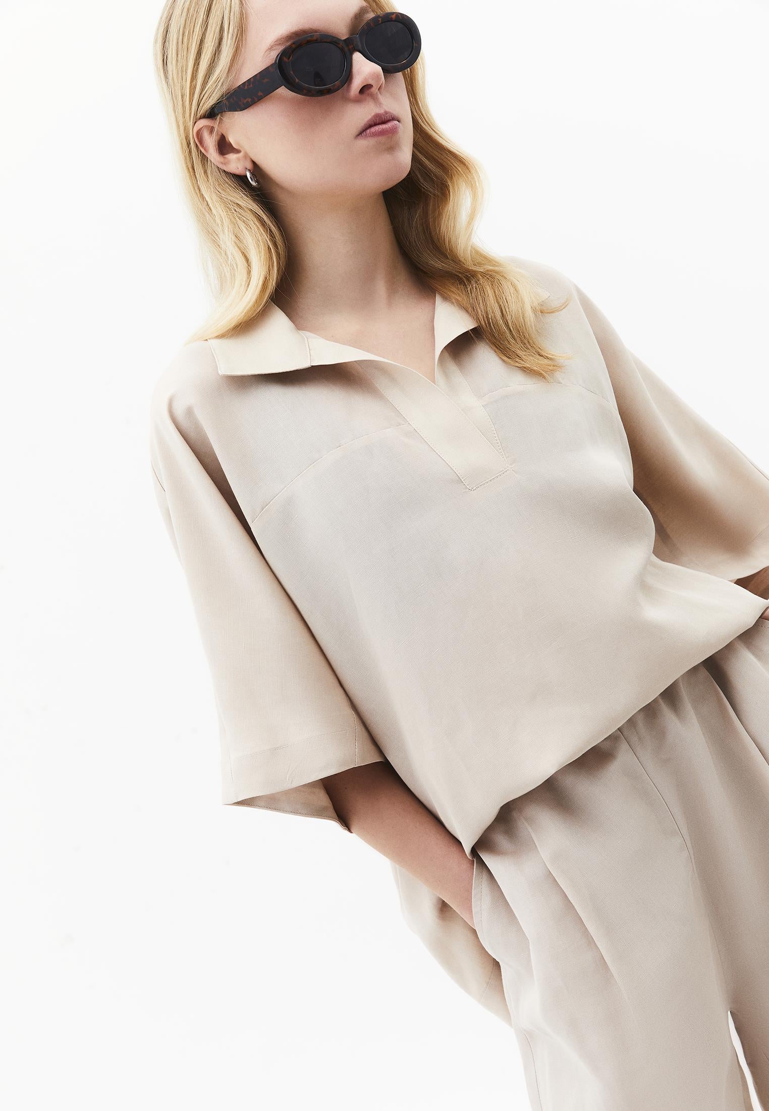 Polo Neck Batwing Sleeve Oversize Blouse - FEATHER GRAY
