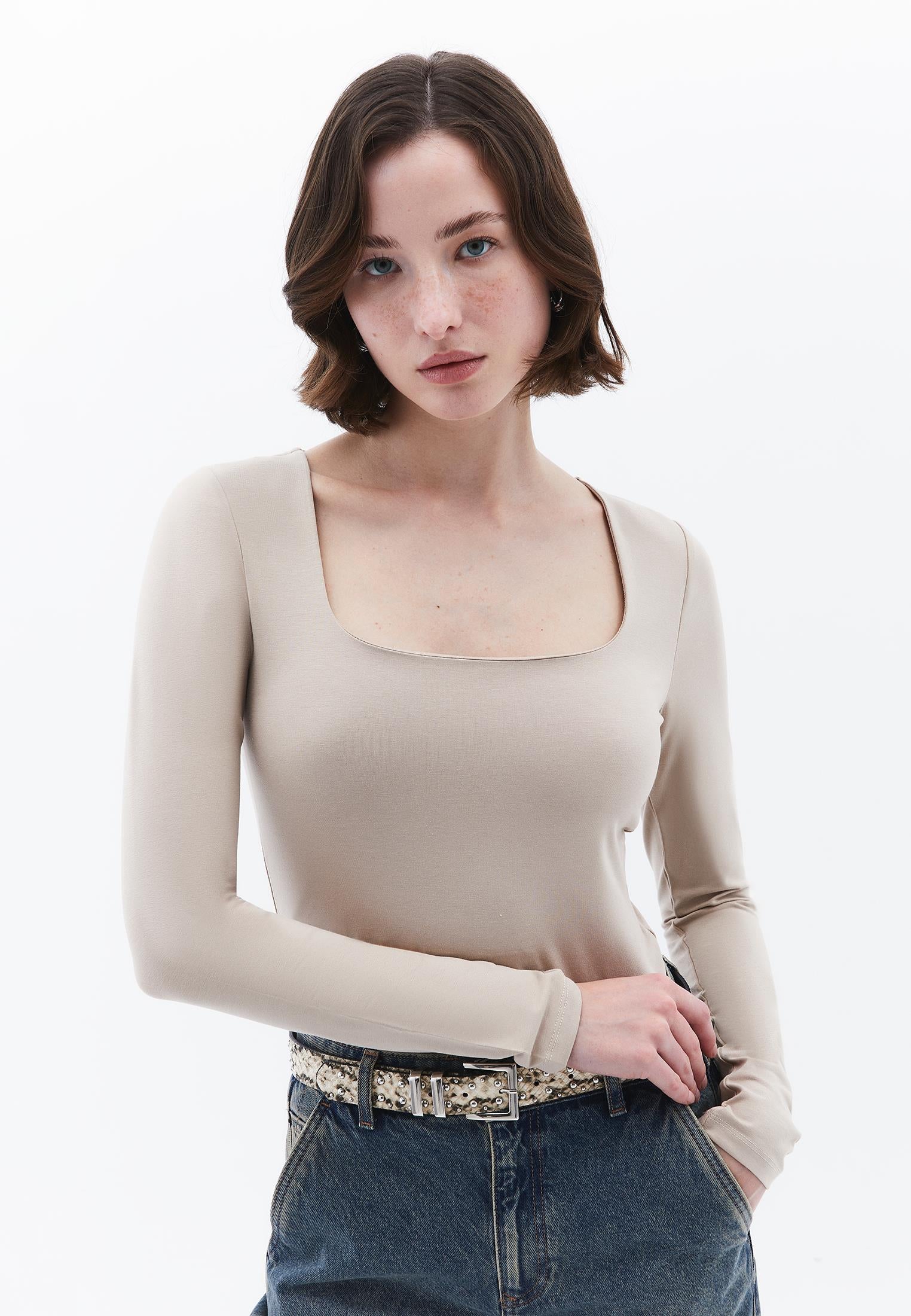 Square Neck Long Sleeve T-Shirt - FEATHER GRAY