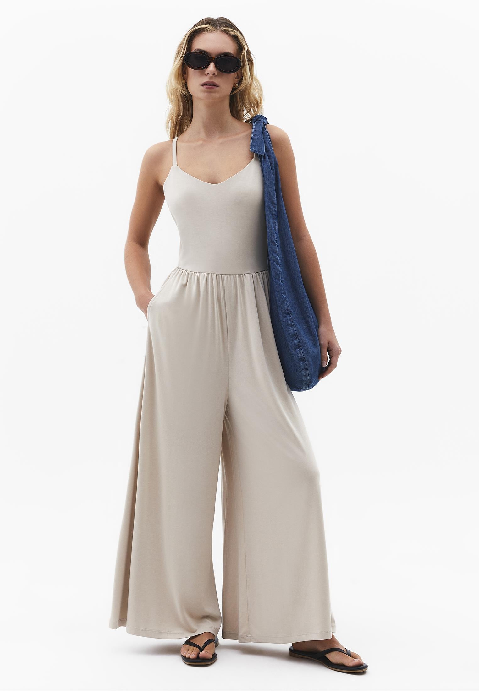V Neck Long Jumpsuit - FEATHER GRAY