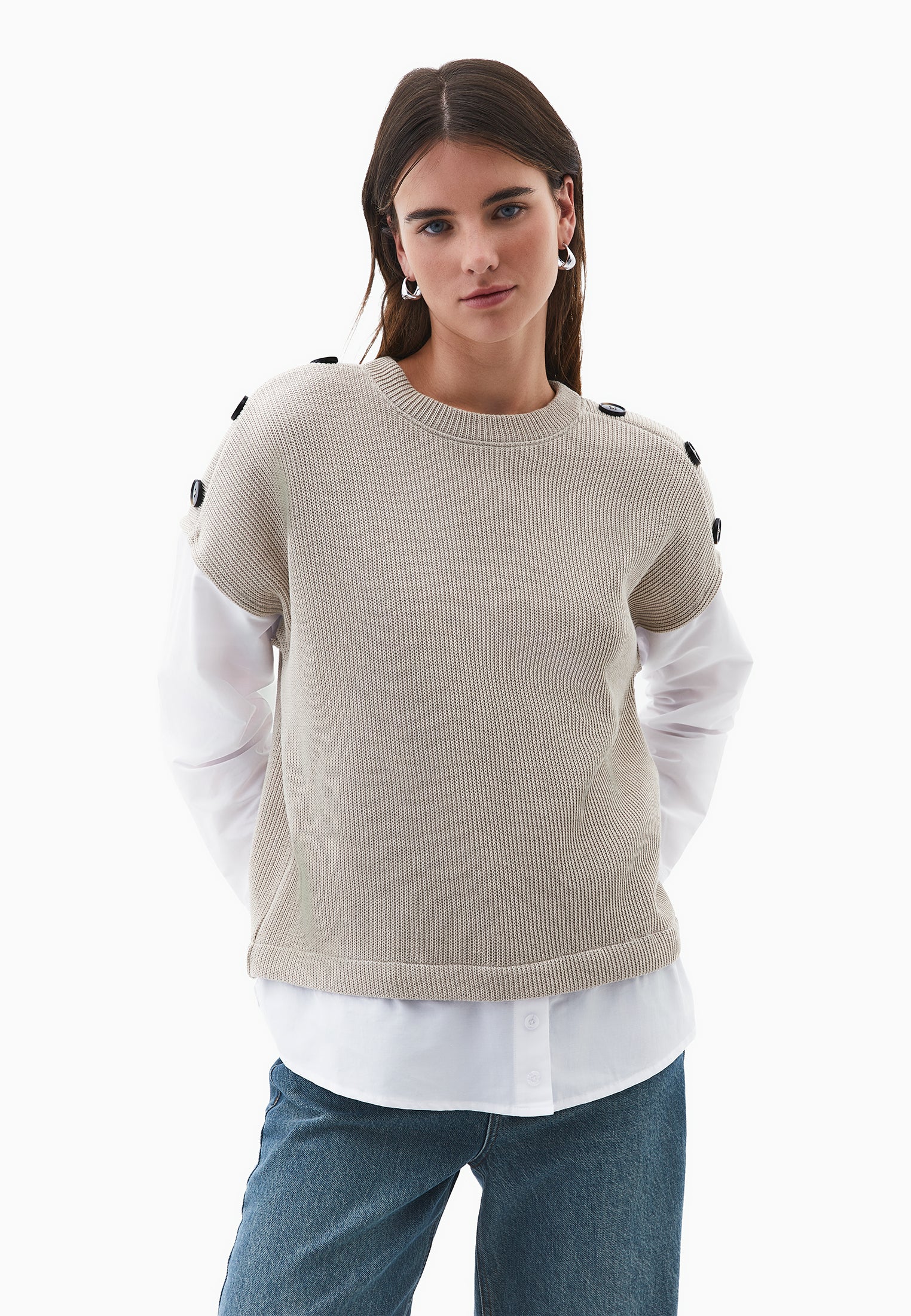 Button Detailed Long Sleeve Blouse - FEATHER GRAY