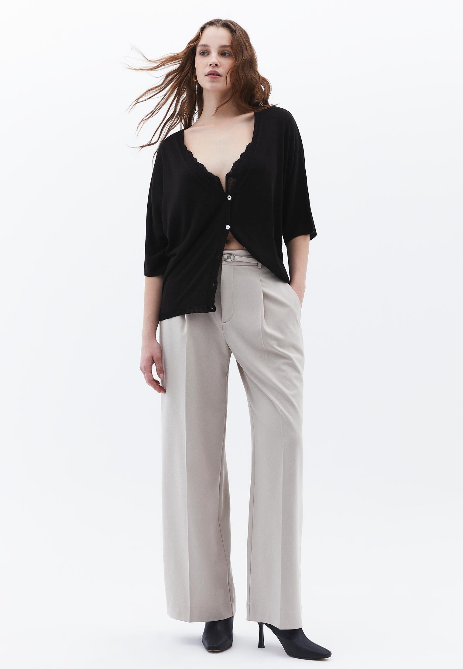 Straight Pants With Belt Detail - FEATHER GRAY
