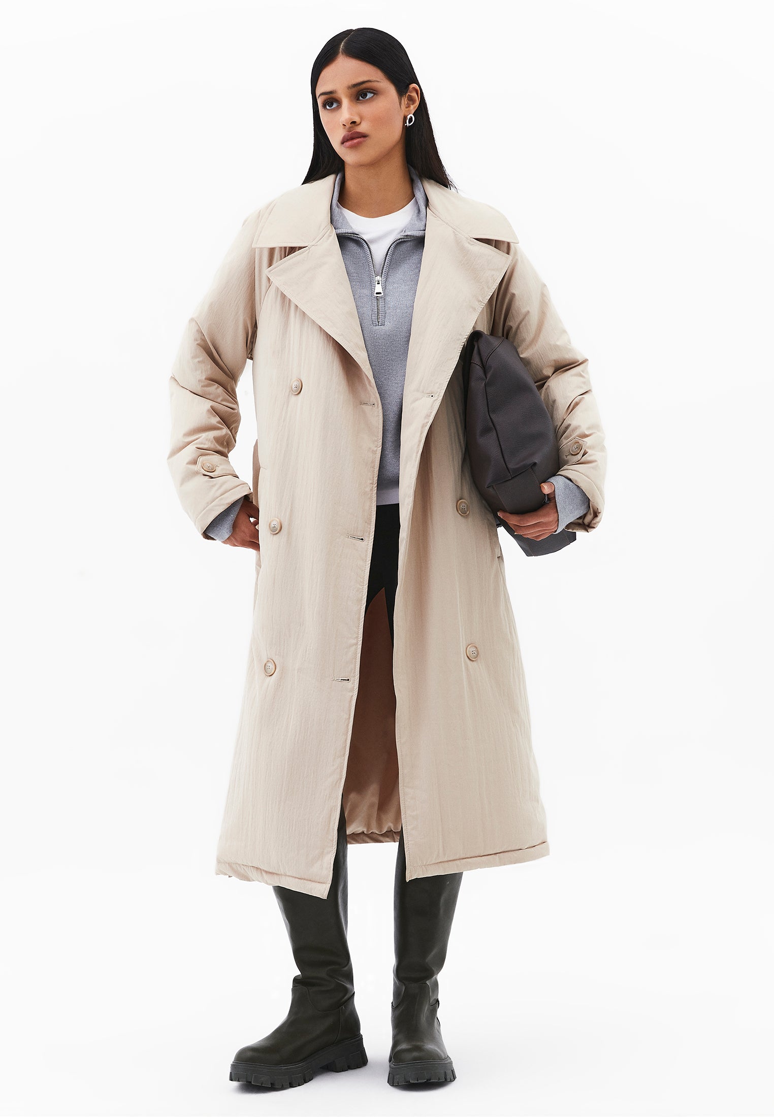 Trench Coat With Button And Belt Detail - FEATHER GRAY