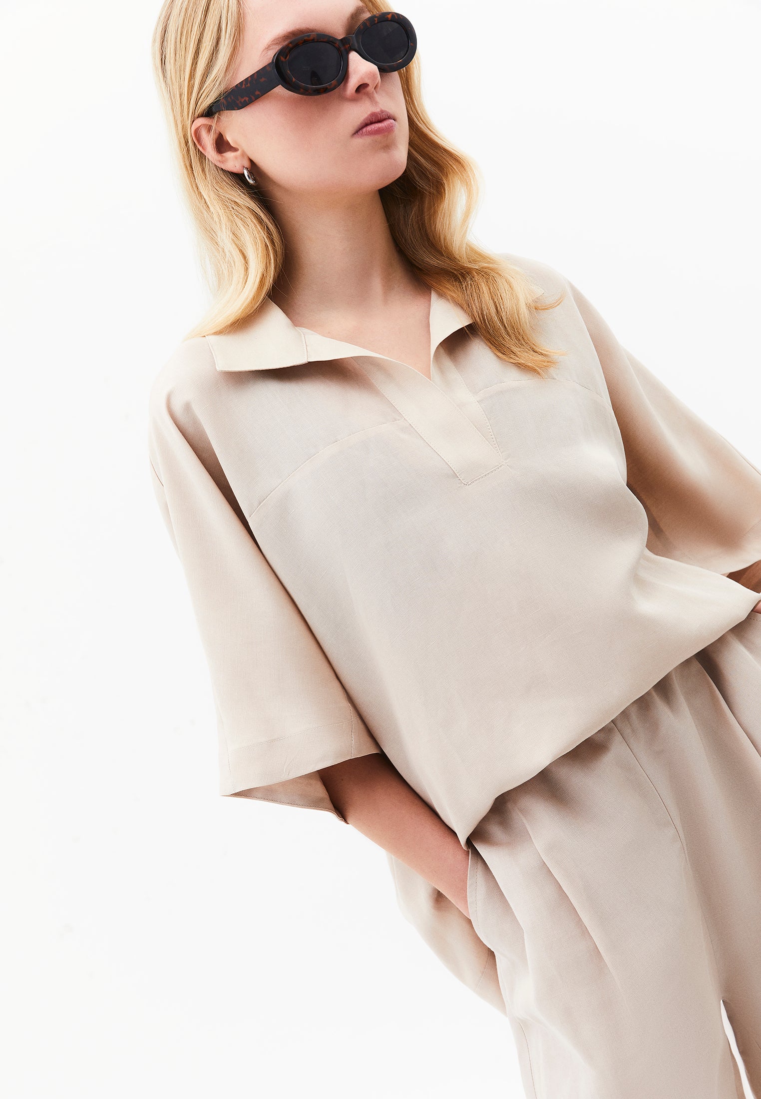 Polo Neck Batwing Sleeve Oversize Blouse - FEATHER GRAY