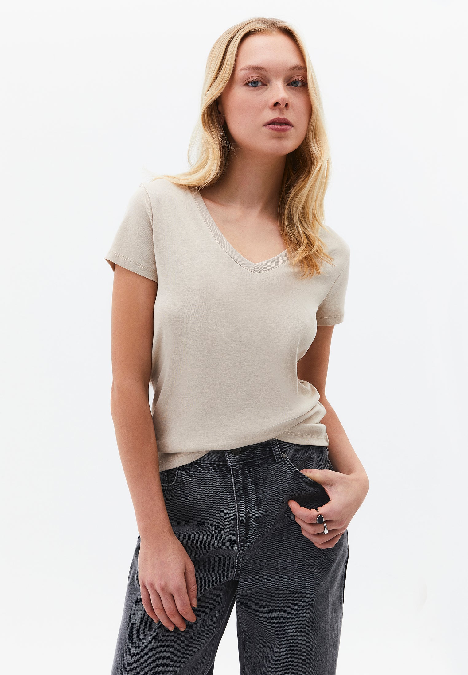 V Neck Short Sleeve Slim T-Shirt - FEATHER GRAY