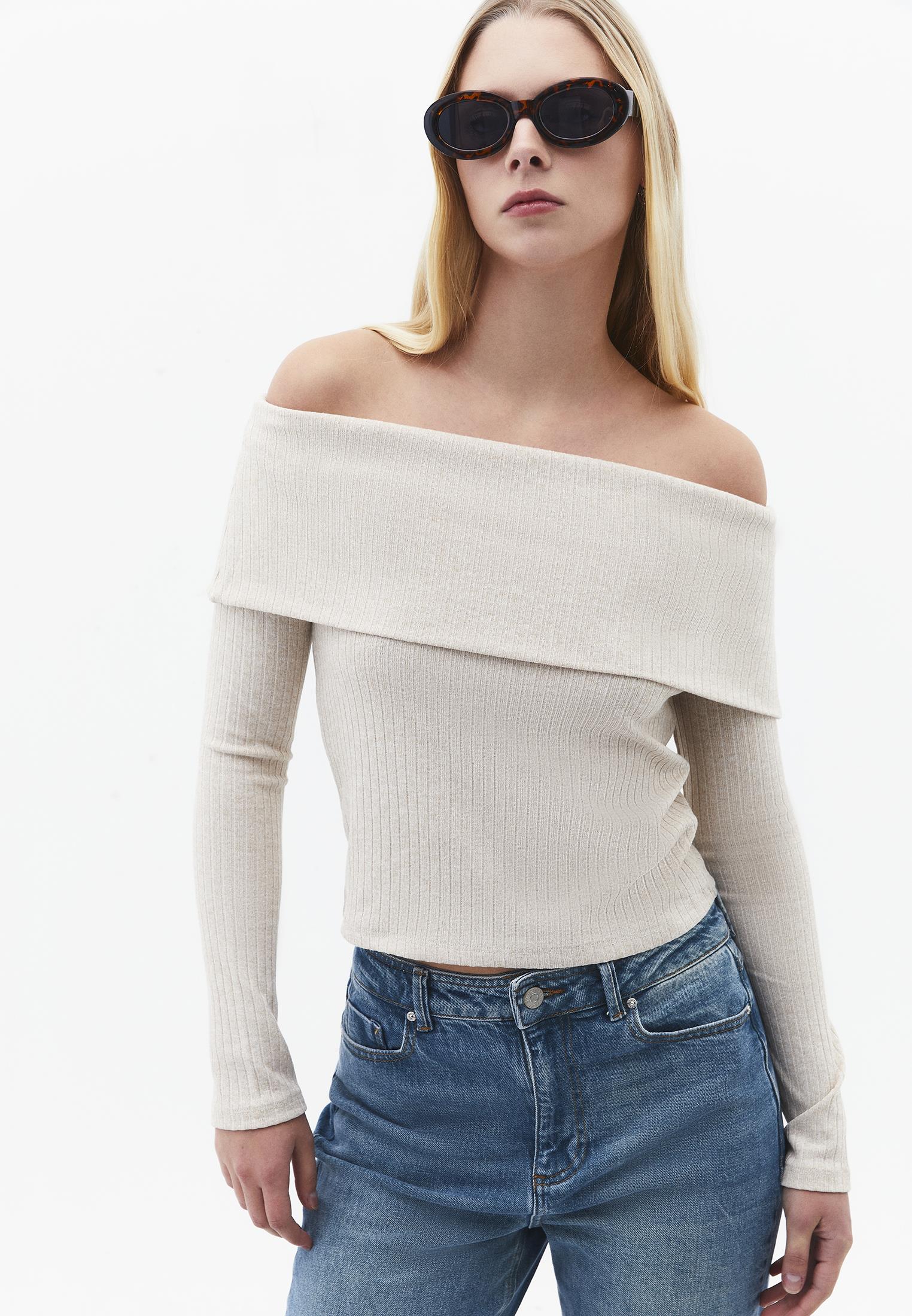 Drop Shoulder Long Sleeve Knit Sweater - FEATHER GRAY