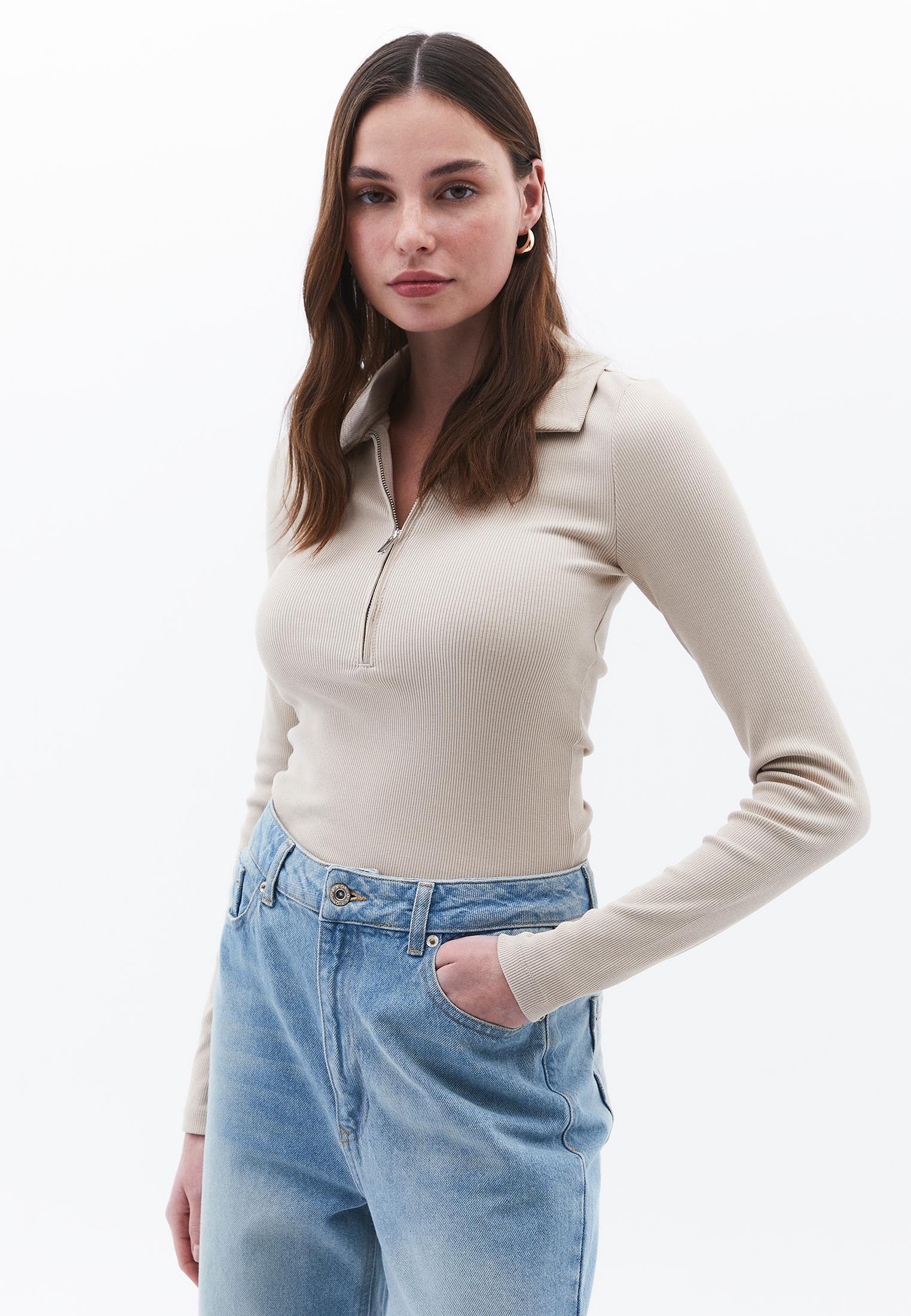 Long Sleeve Polo Collar Zipper Detail T-Shirt - FEATHER GRAY