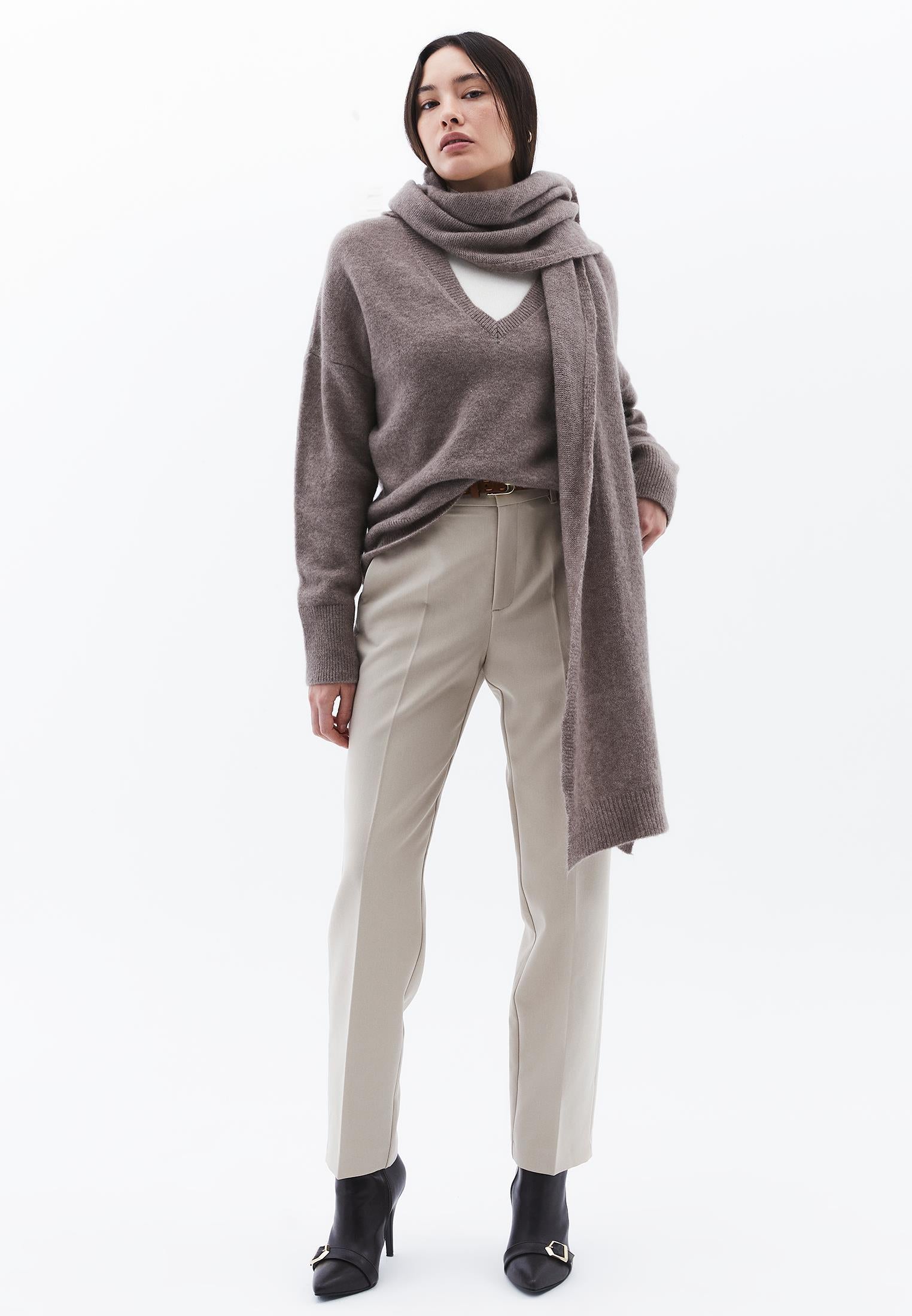 High Waist Long Slim Pants - FEATHER GRAY