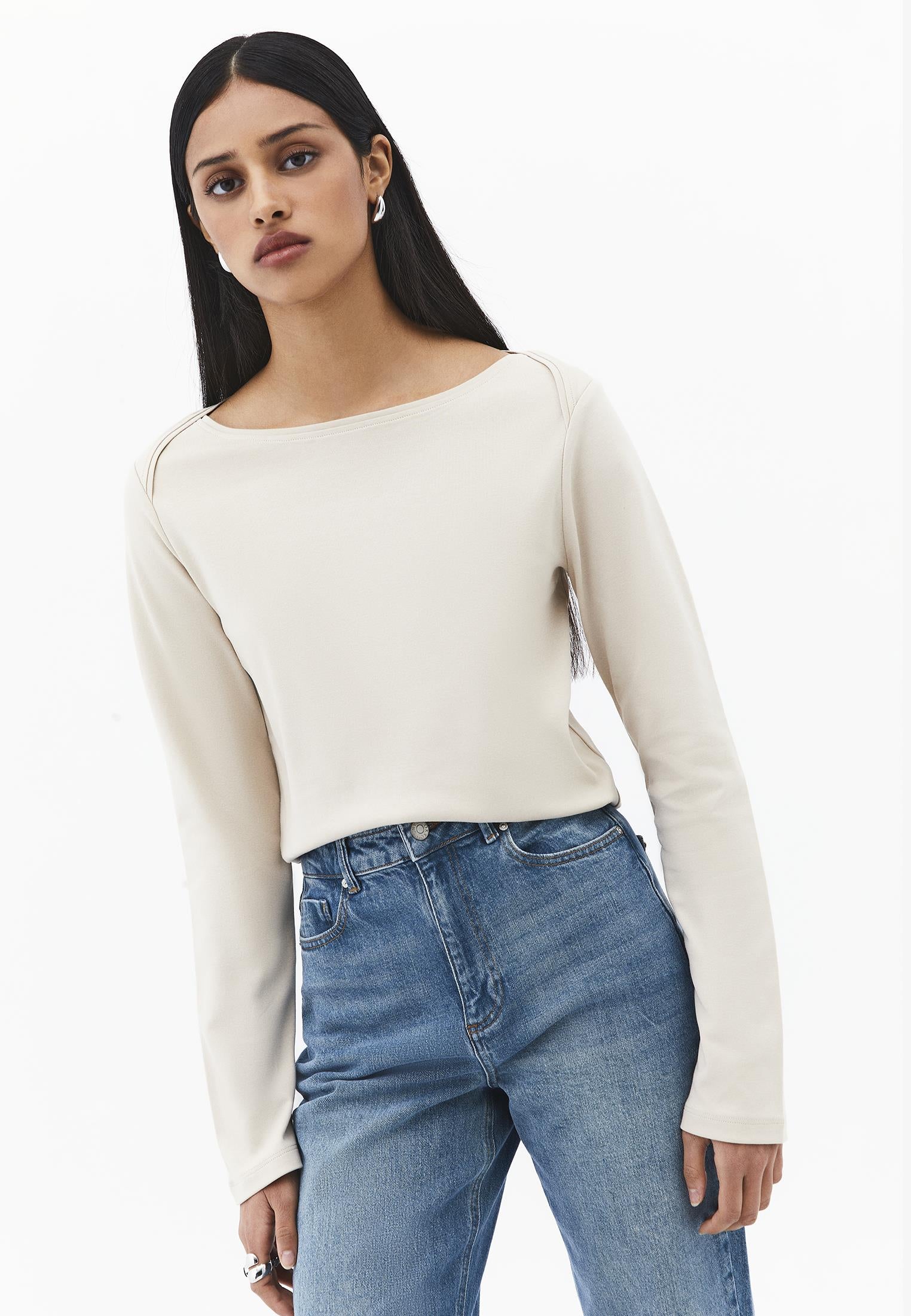 Boat Neck Long Sleeve T-Shirt - FEATHER GRAY