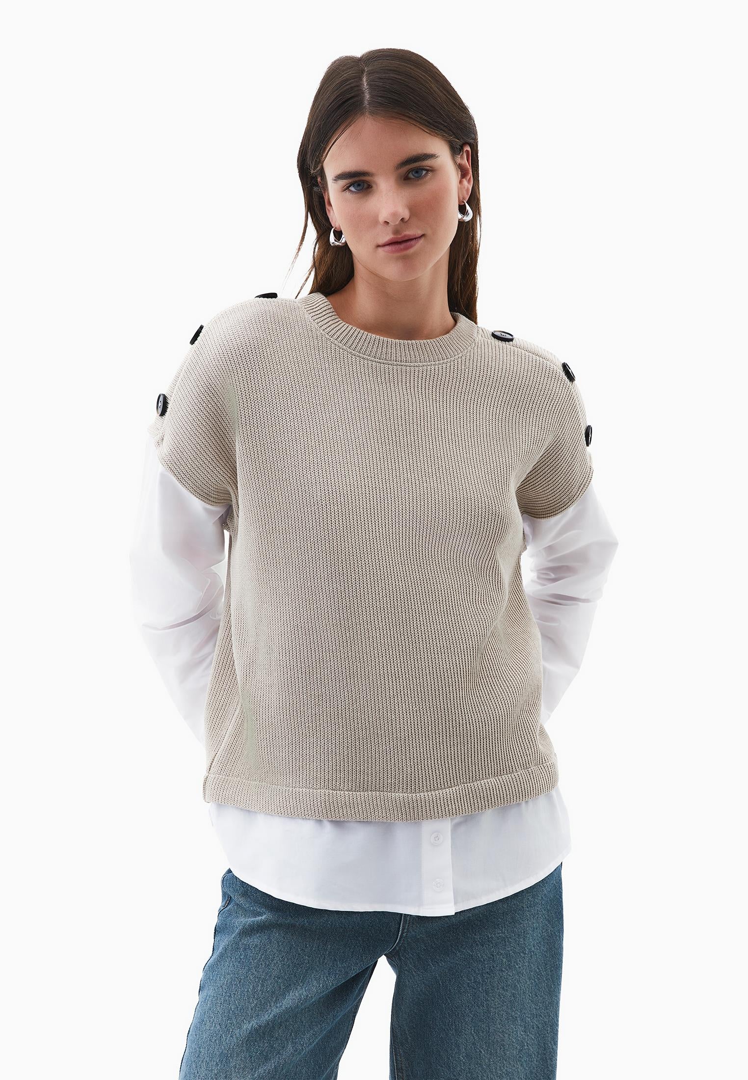 Button Detailed Long Sleeve Blouse - FEATHER GRAY