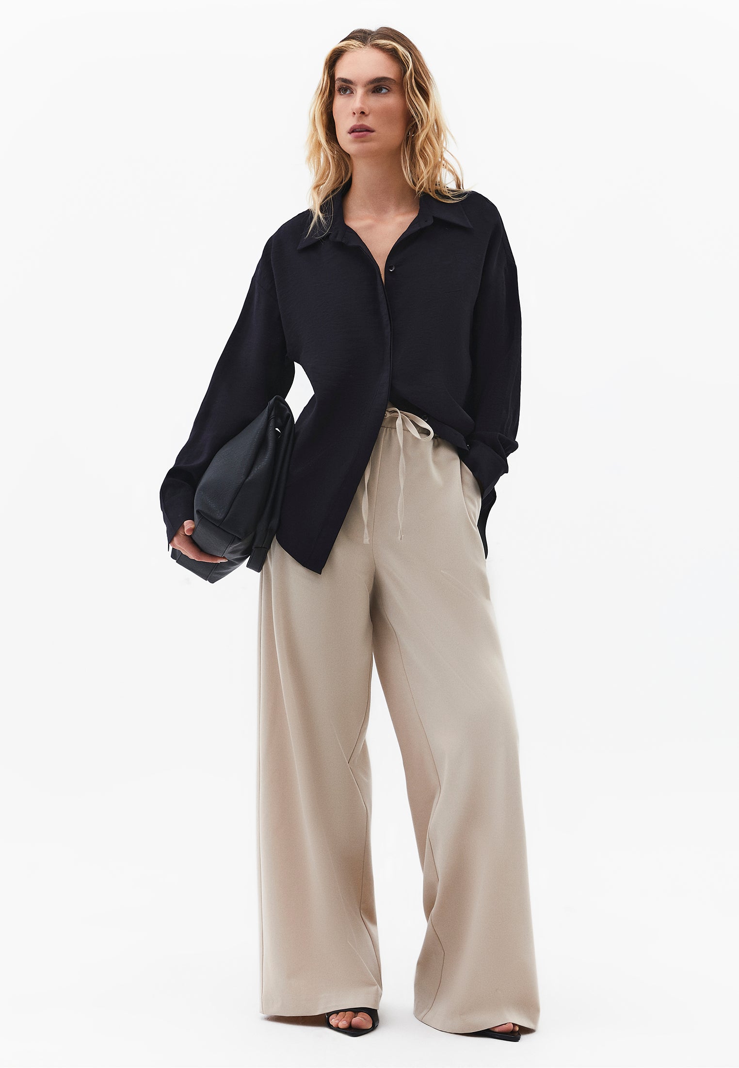 Wide Leg High Waist Elastic Waistband Pants - FEATHER GRAY