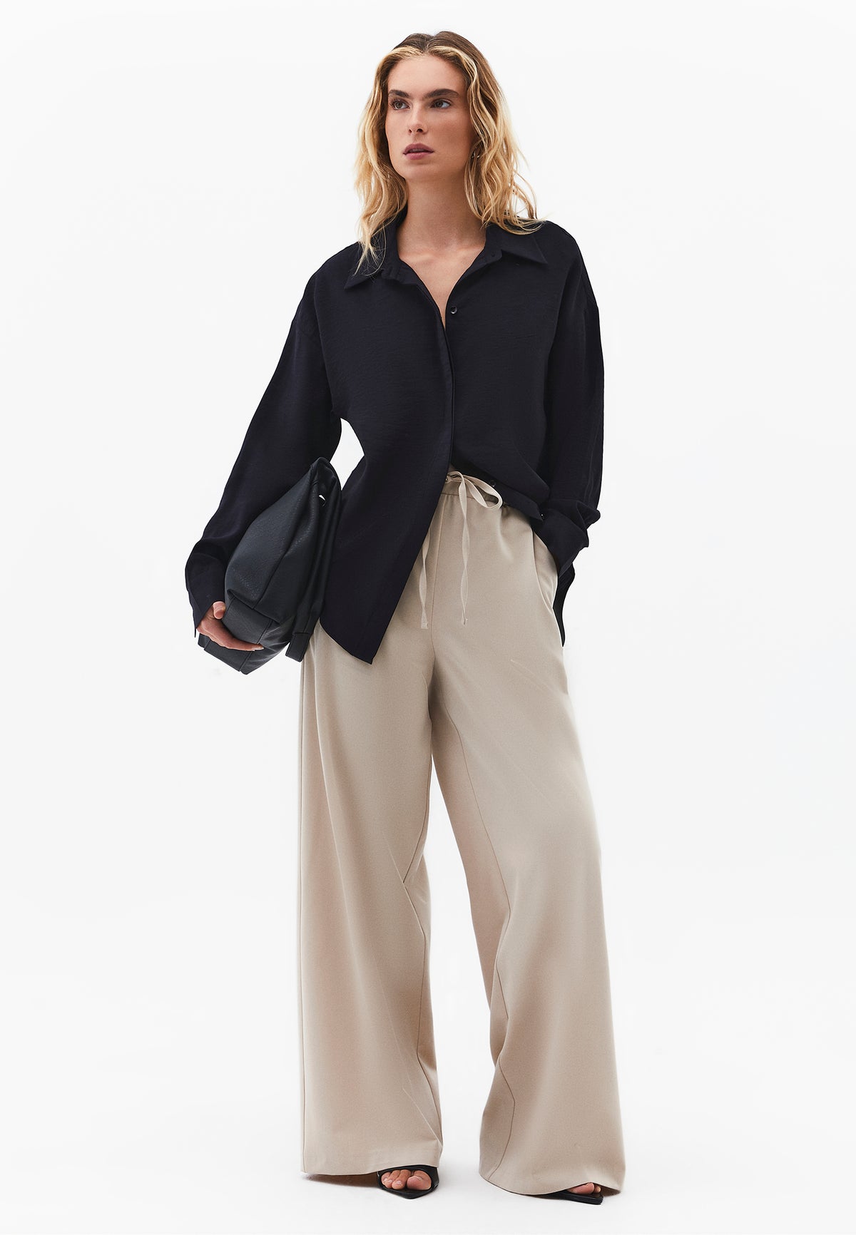 Wide Leg High Waist Elastic Waistband Pants - FEATHER GRAY