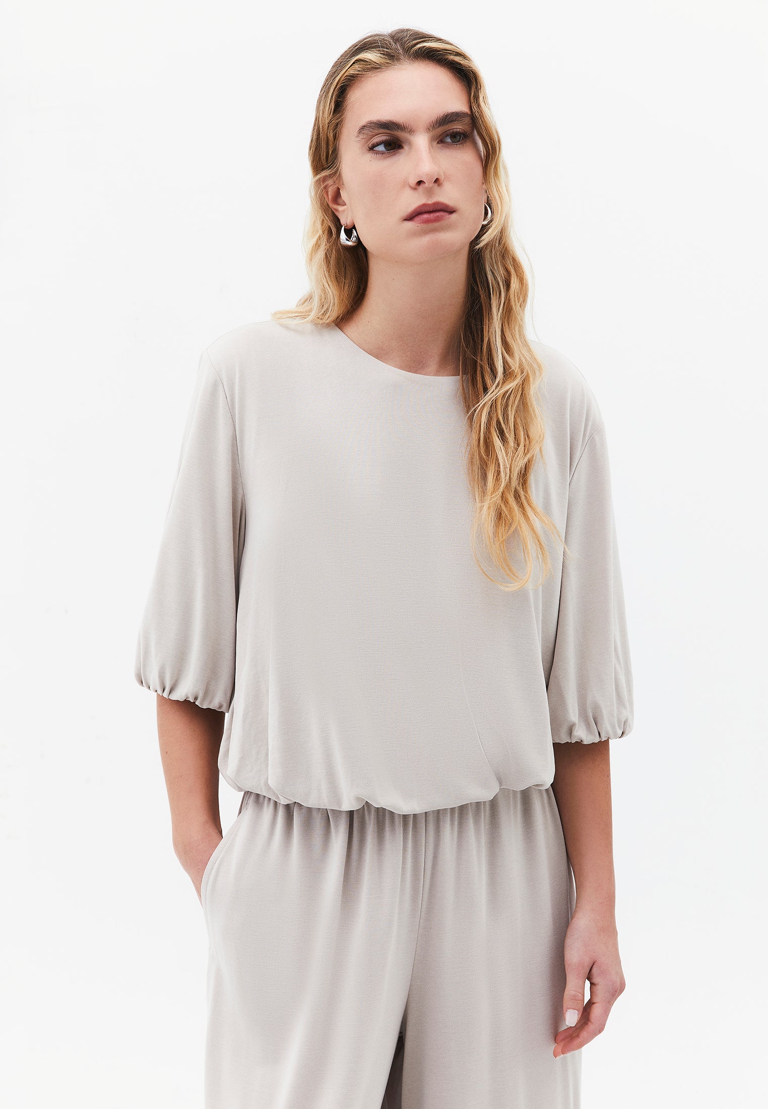 Crew Neck 3/4 Sleeve T-Shirt - FEATHER GRAY