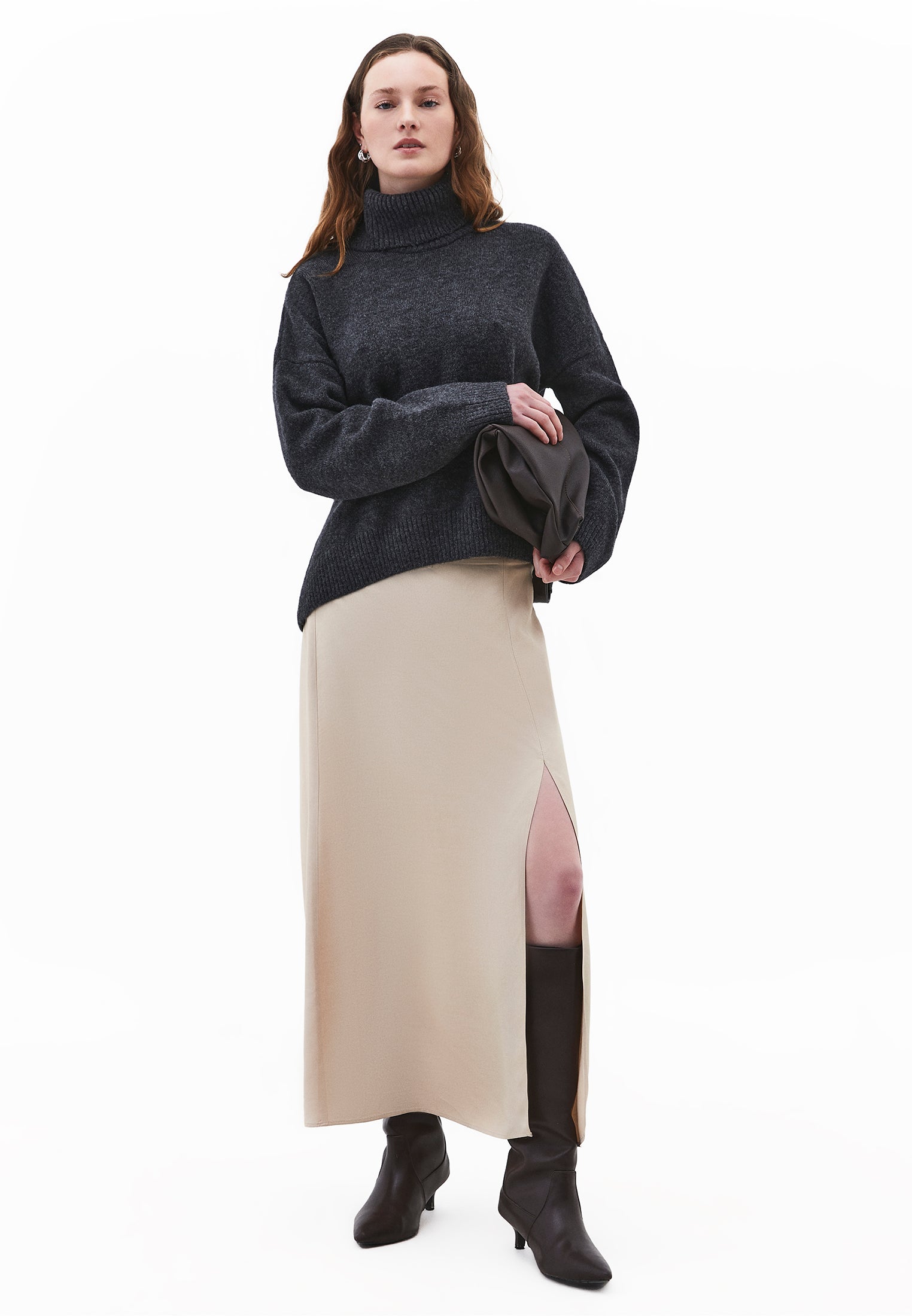 Midi Flared Skirt With Slit - FEATHER GRAY