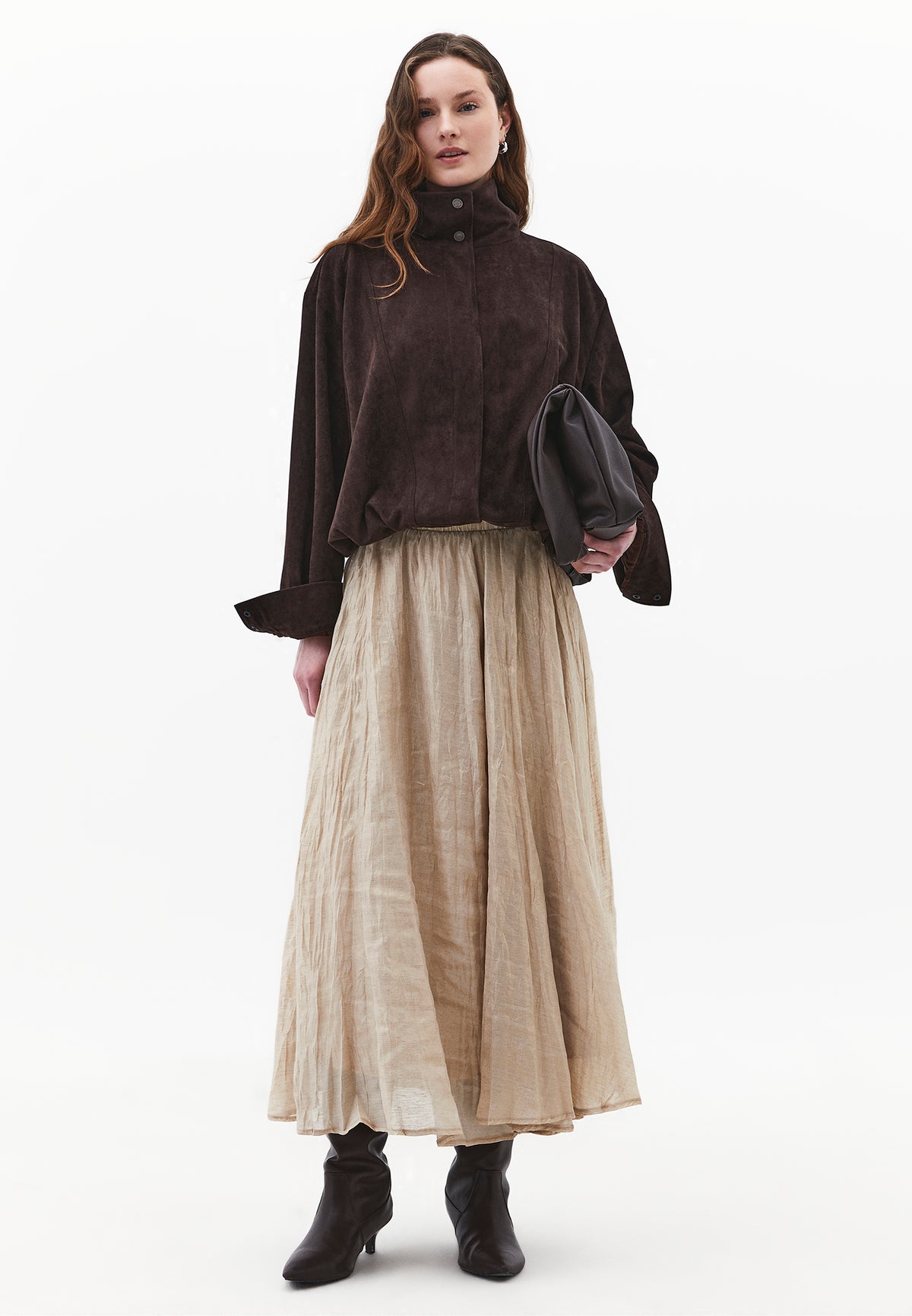 Shiny Flared Long Skirt - FEATHER GRAY