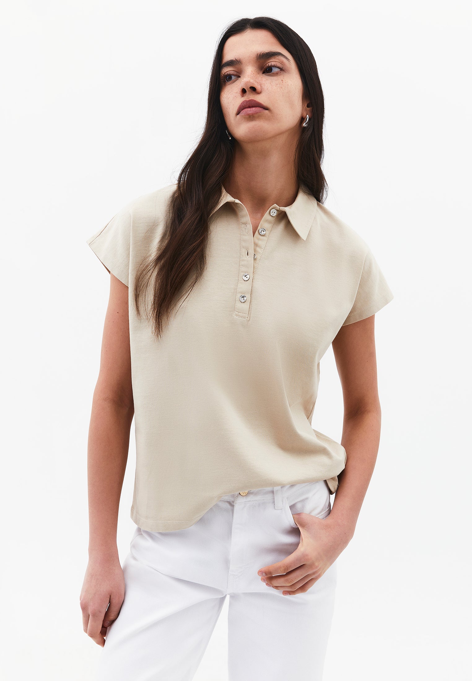 Button Detailed Polo Neck T-Shirt - FEATHER GRAY