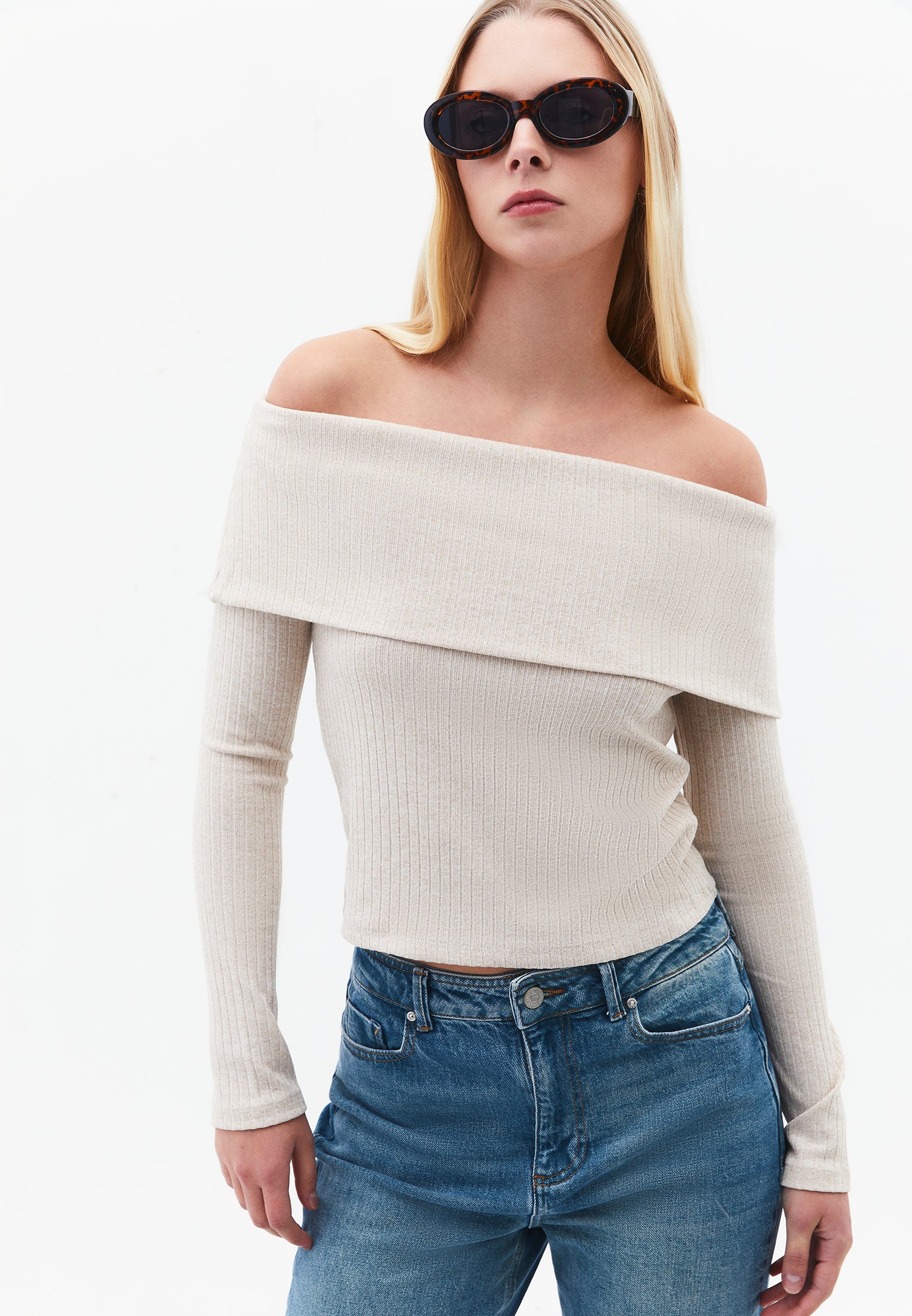 Drop Shoulder Long Sleeve Knit Sweater - FEATHER GRAY