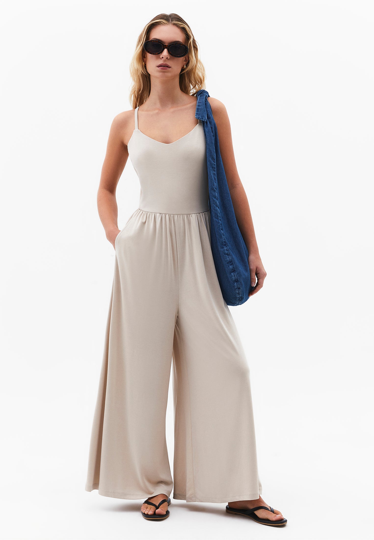 V Neck Long Jumpsuit - FEATHER GRAY