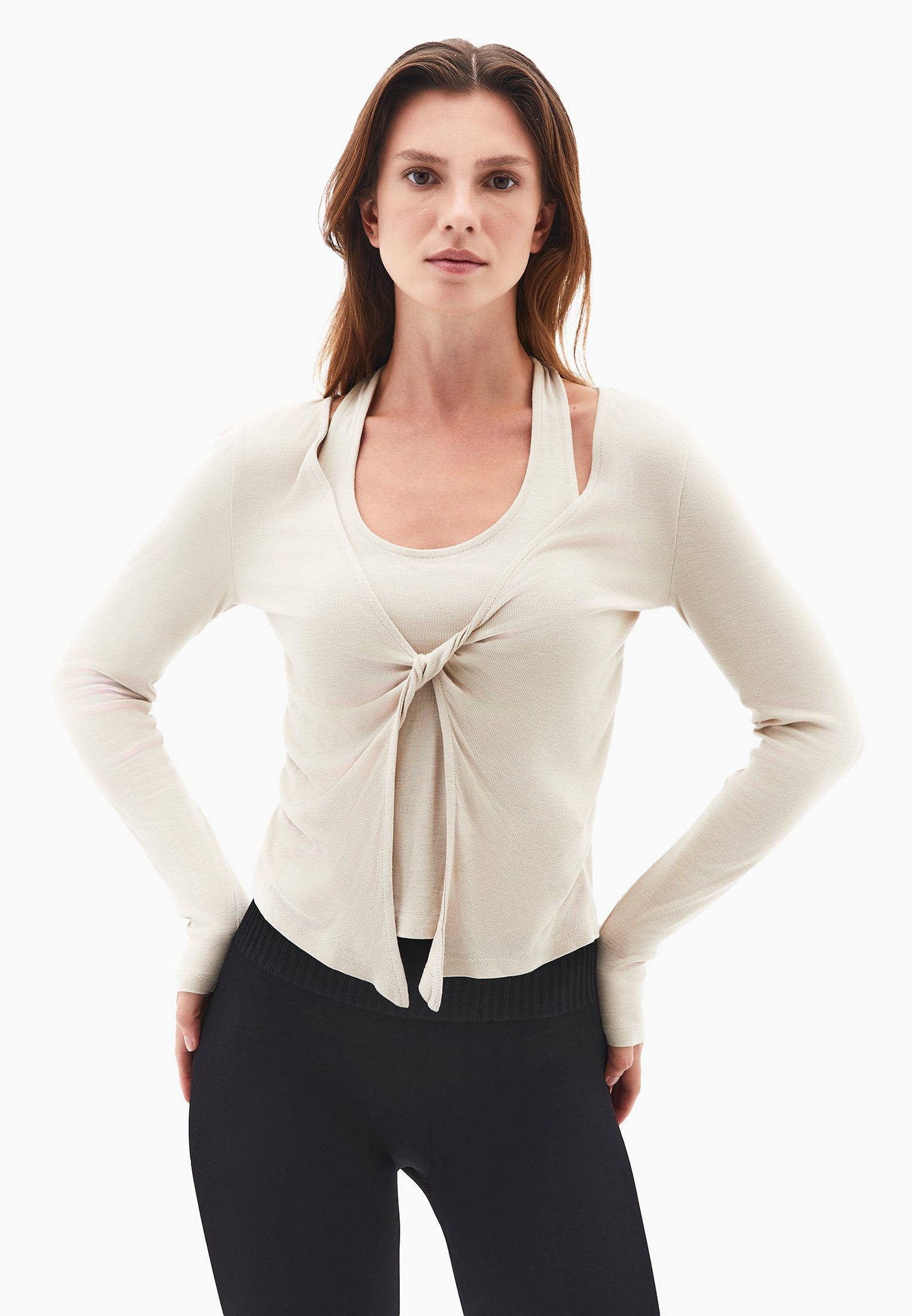 V Neck Long Sleeve T-Shirt - FEATHER GRAY