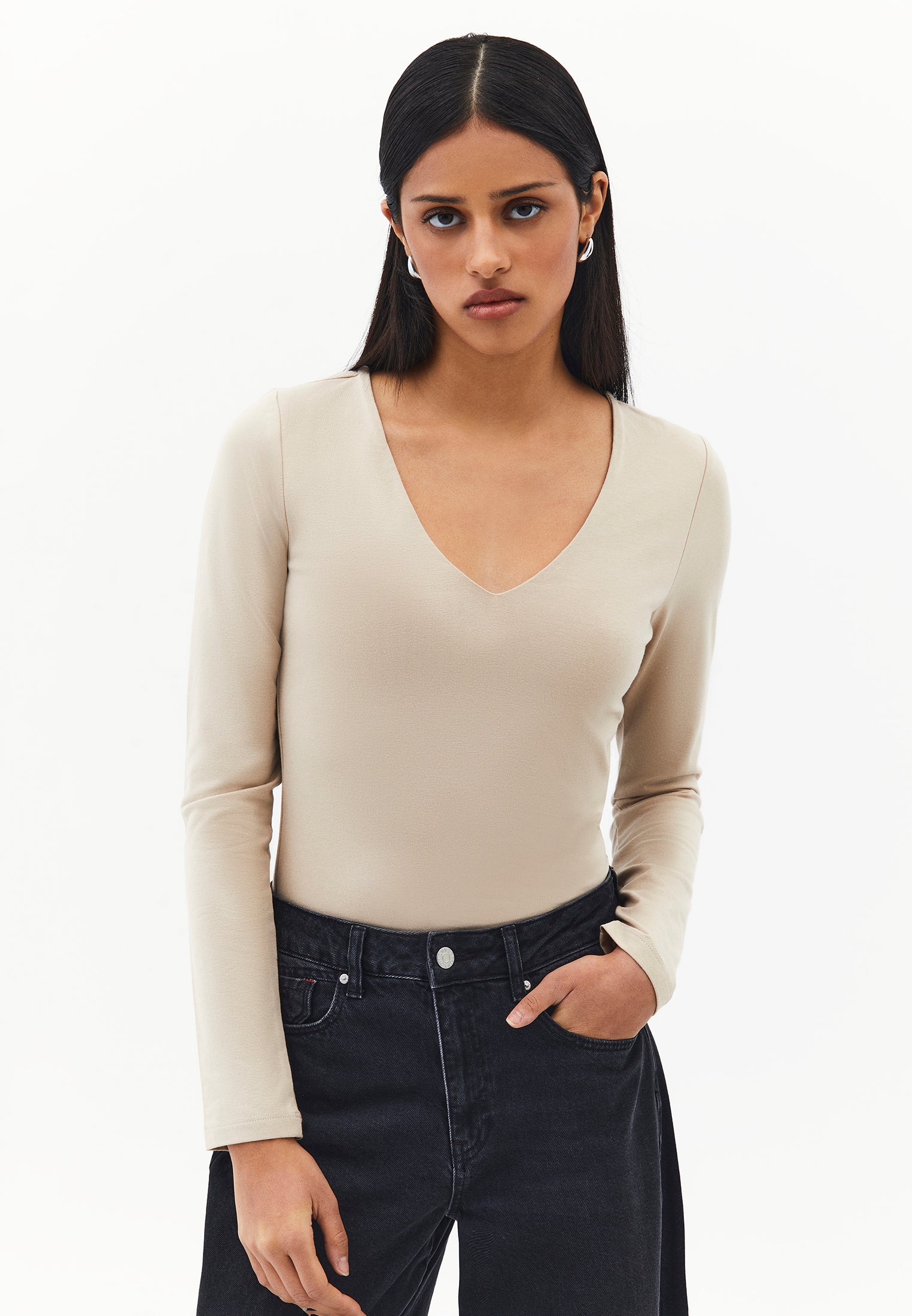 V Neck Long Sleeve Bodycon T-Shirt - FEATHER GRAY