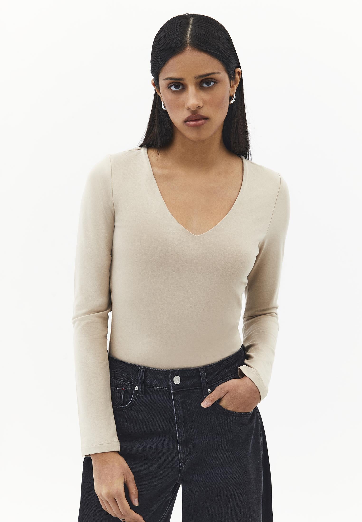 V Neck Long Sleeve Bodycon T-Shirt - FEATHER GRAY