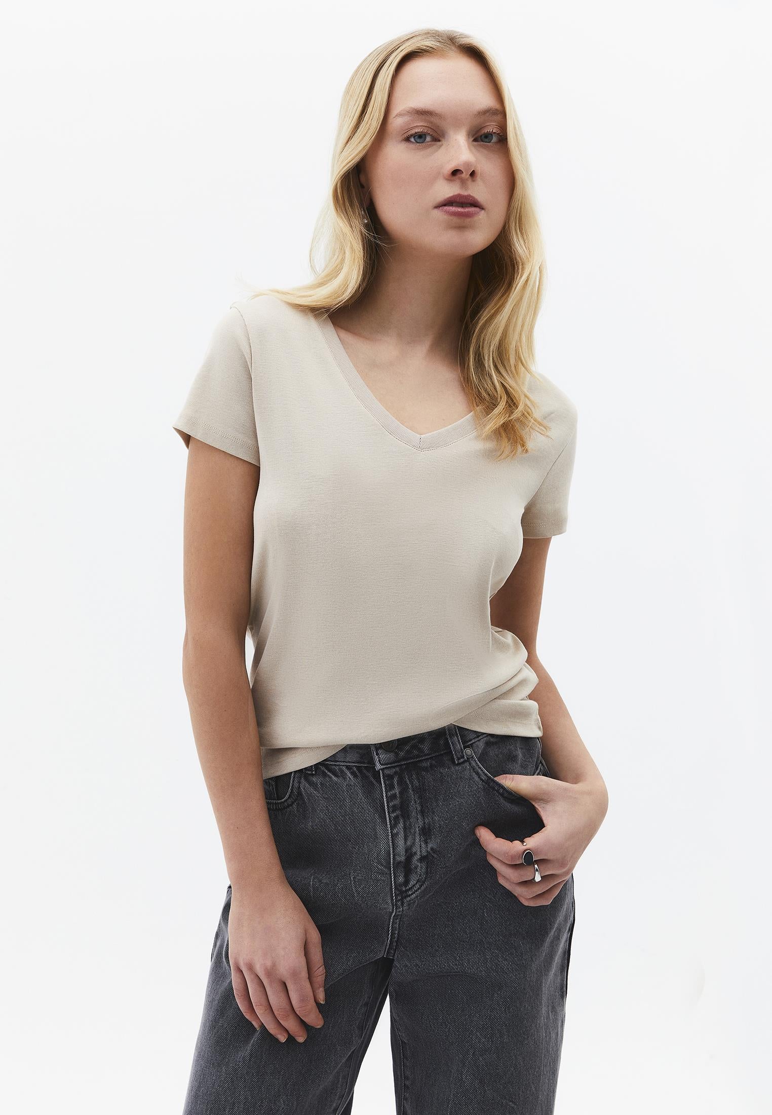 V Neck Short Sleeve Slim T-Shirt - FEATHER GRAY