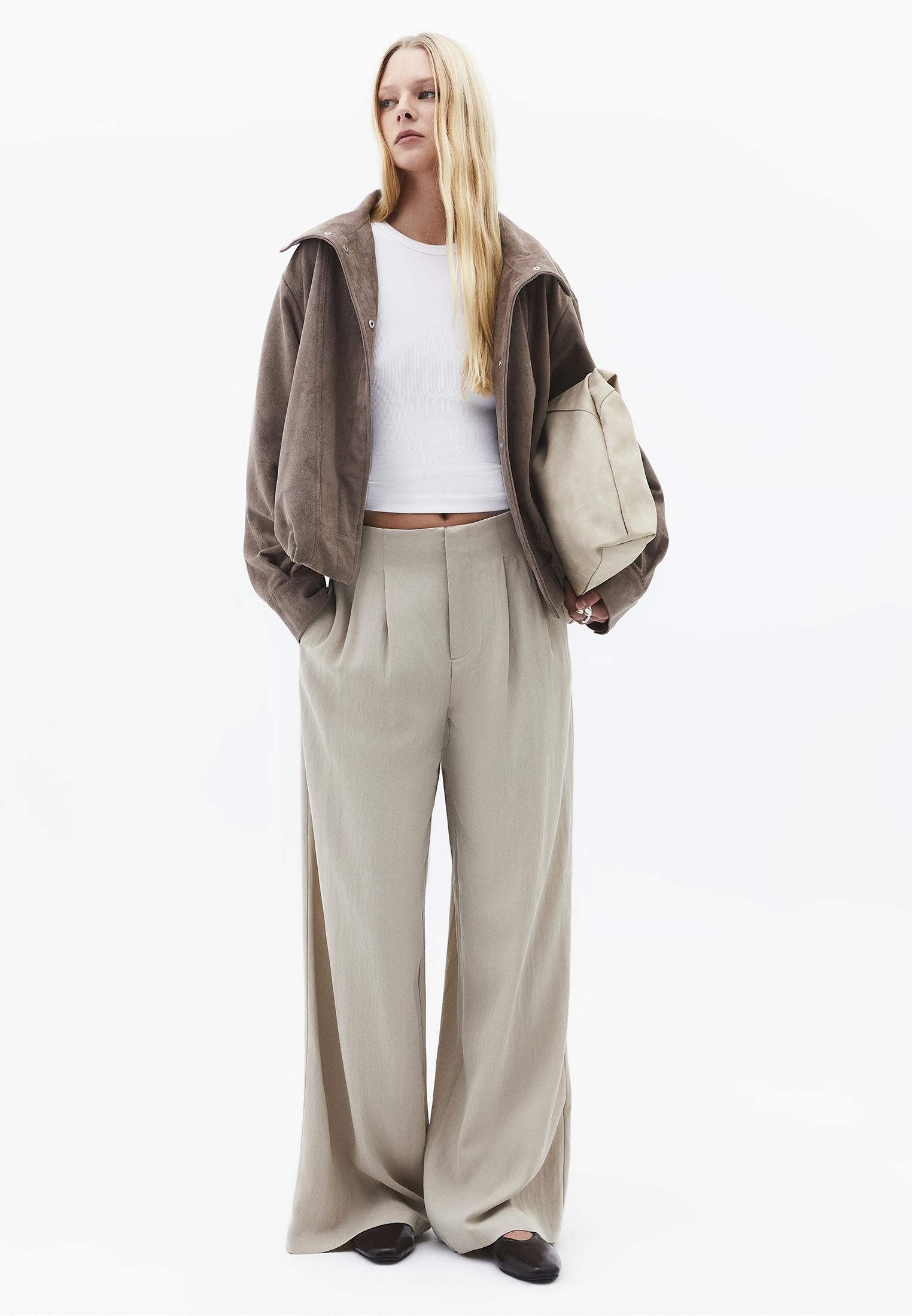 Ultra High Waist Wide Leg Pleated Pants - FEATHER GRAY