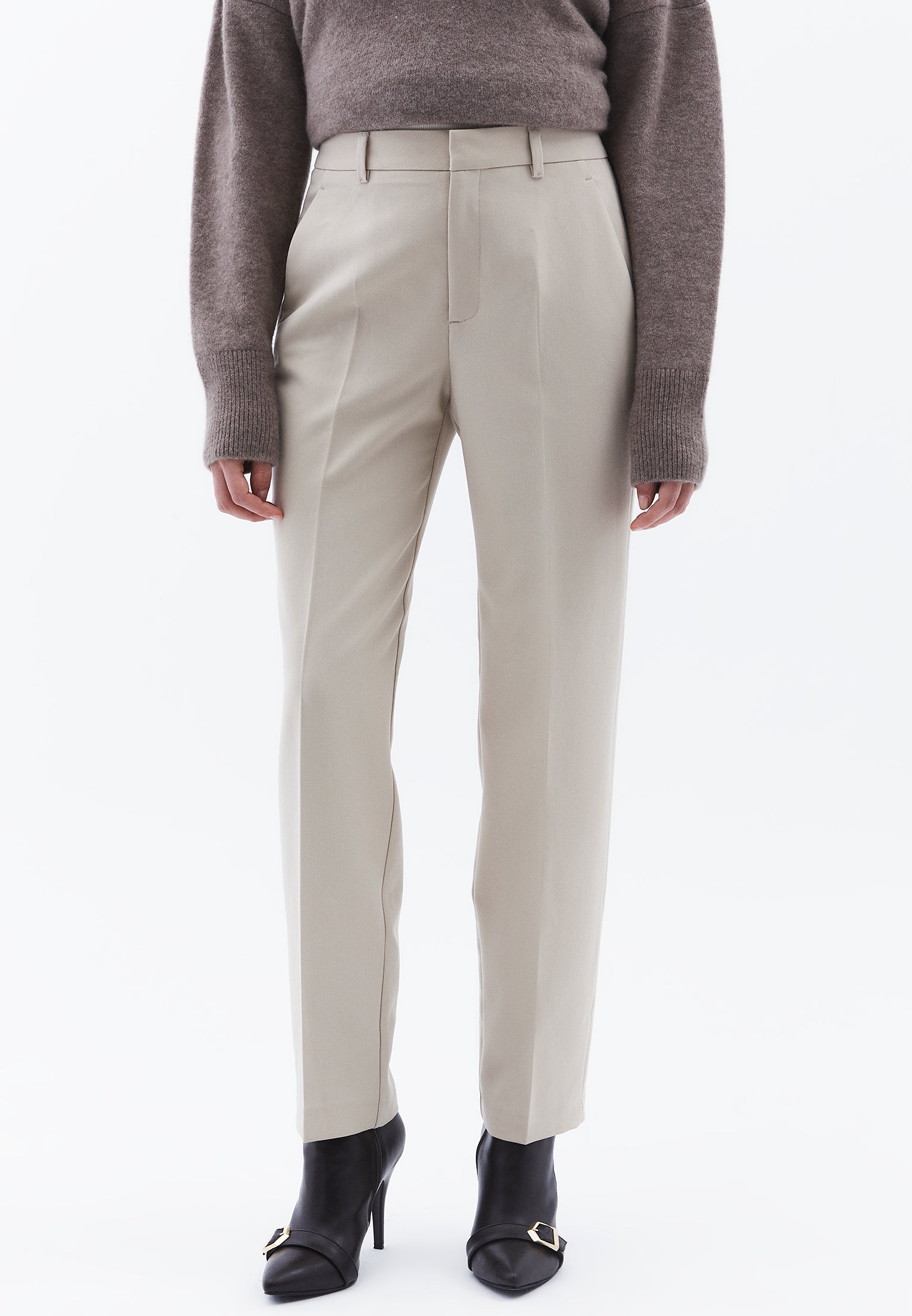 High Waist Long Slim Pants - FEATHER GRAY