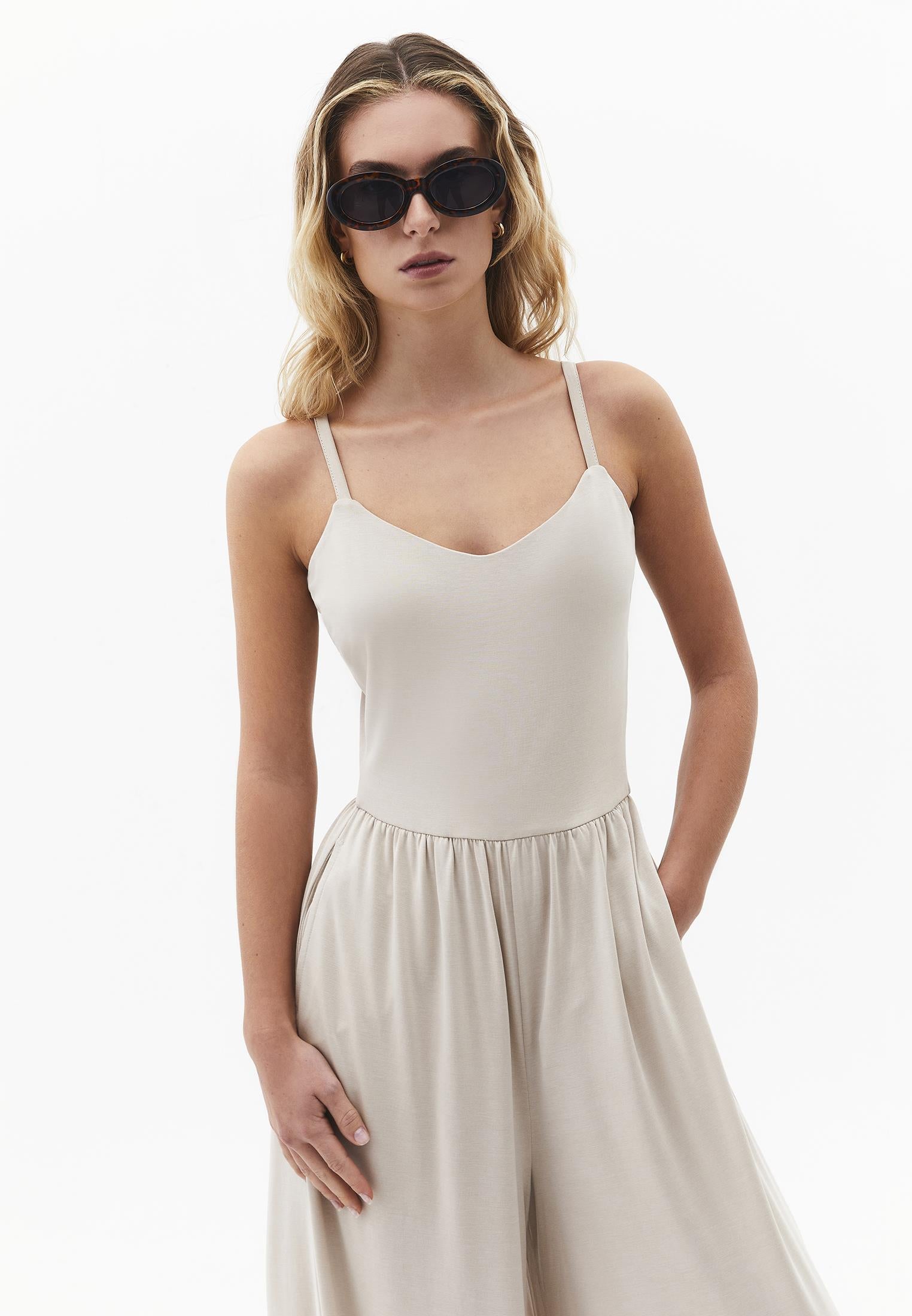 V Neck Long Jumpsuit - FEATHER GRAY