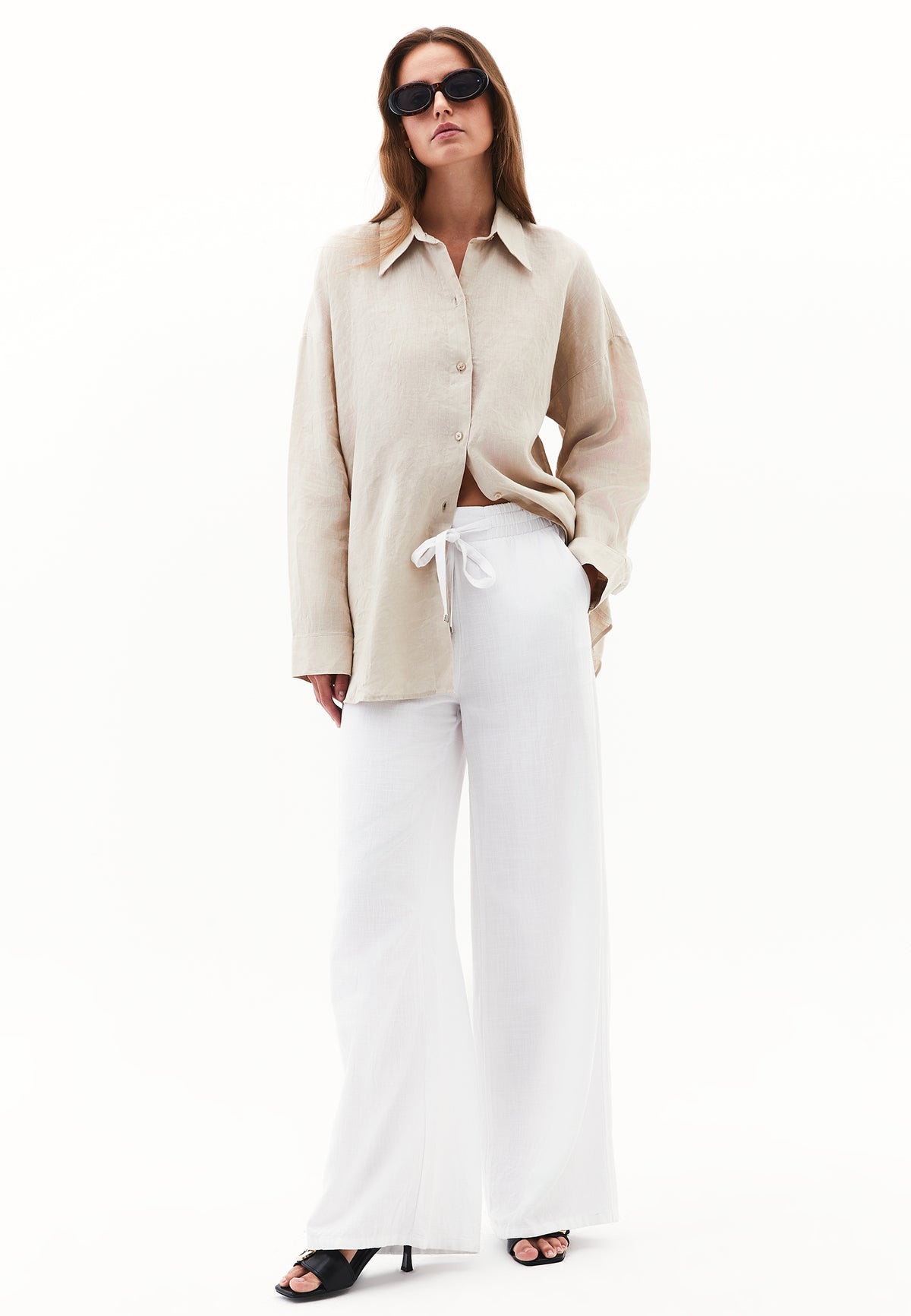 Linen Shirt With Large Fit And Buttons - FEATHER GRAY