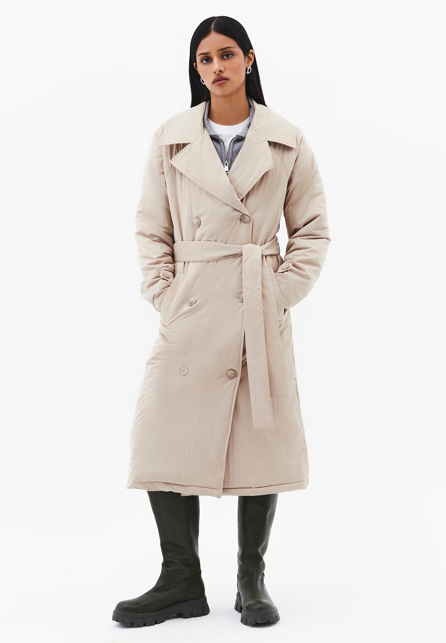 Trench Coat With Button And Belt Detail - FEATHER GRAY