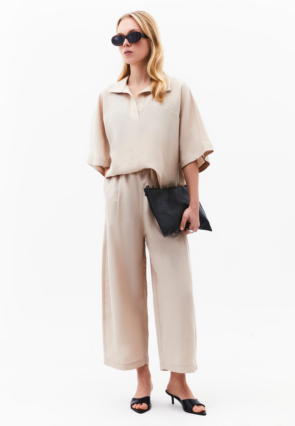 Polo Neck Batwing Sleeve Oversize Blouse - FEATHER GRAY