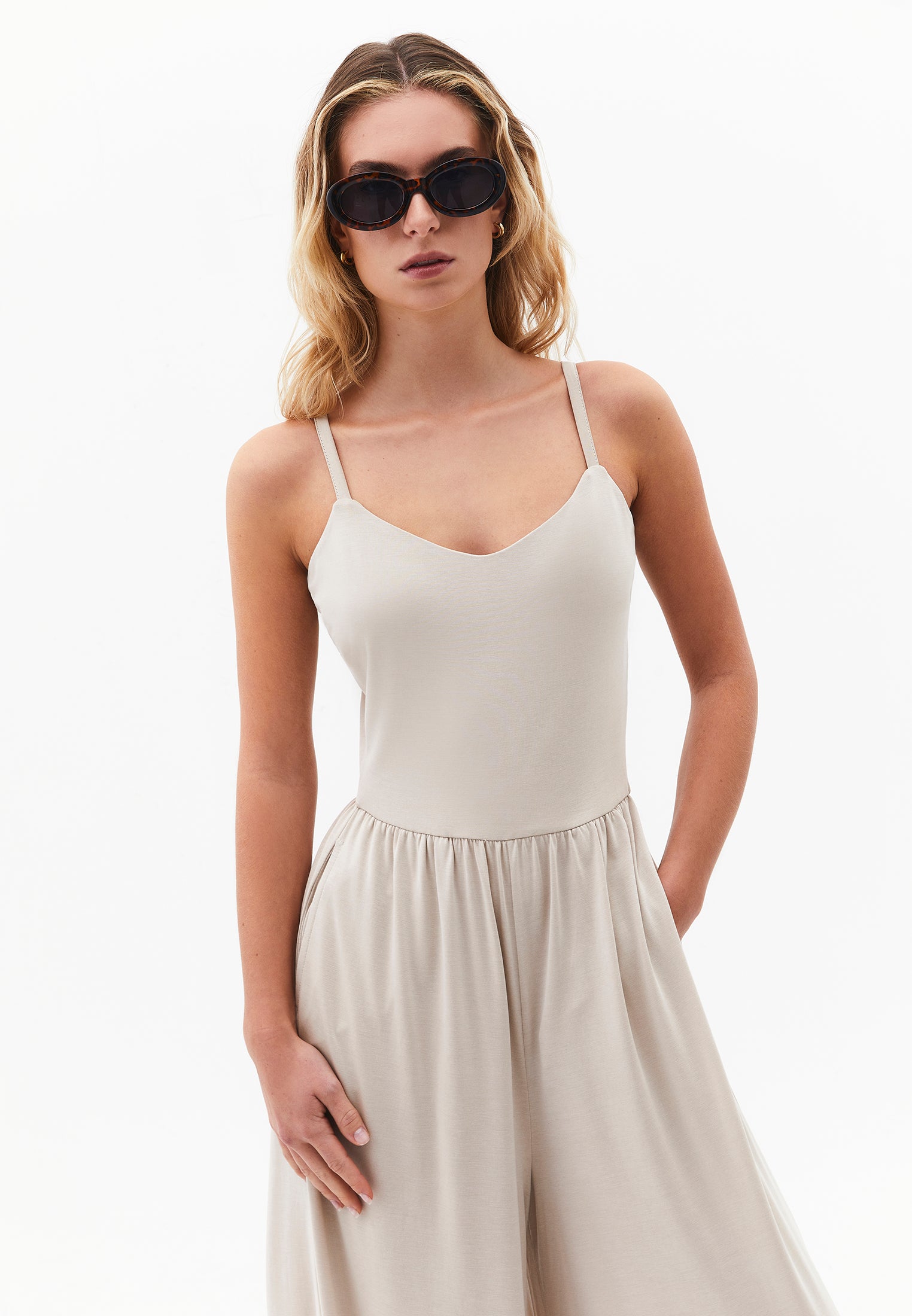 V Neck Long Jumpsuit - FEATHER GRAY