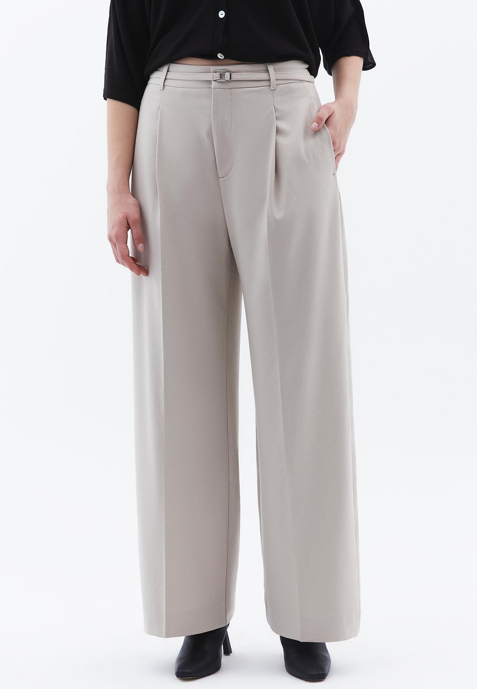 Straight Pants With Belt Detail - FEATHER GRAY