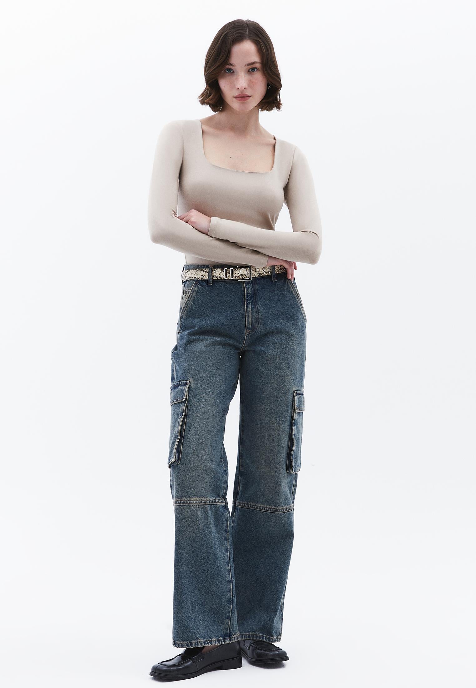 Square Neck Long Sleeve T-Shirt - FEATHER GRAY