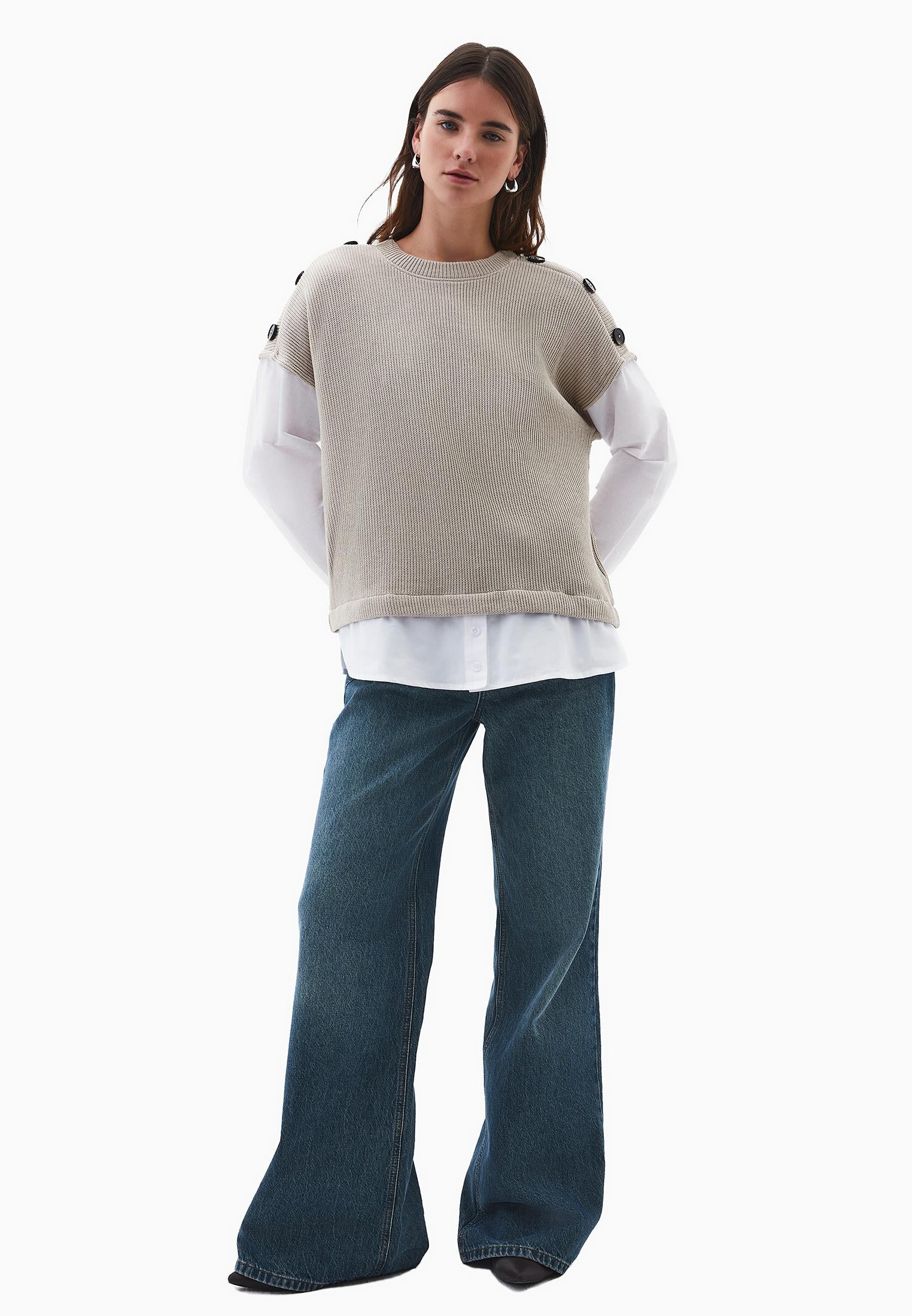 Button Detailed Long Sleeve Blouse - FEATHER GRAY
